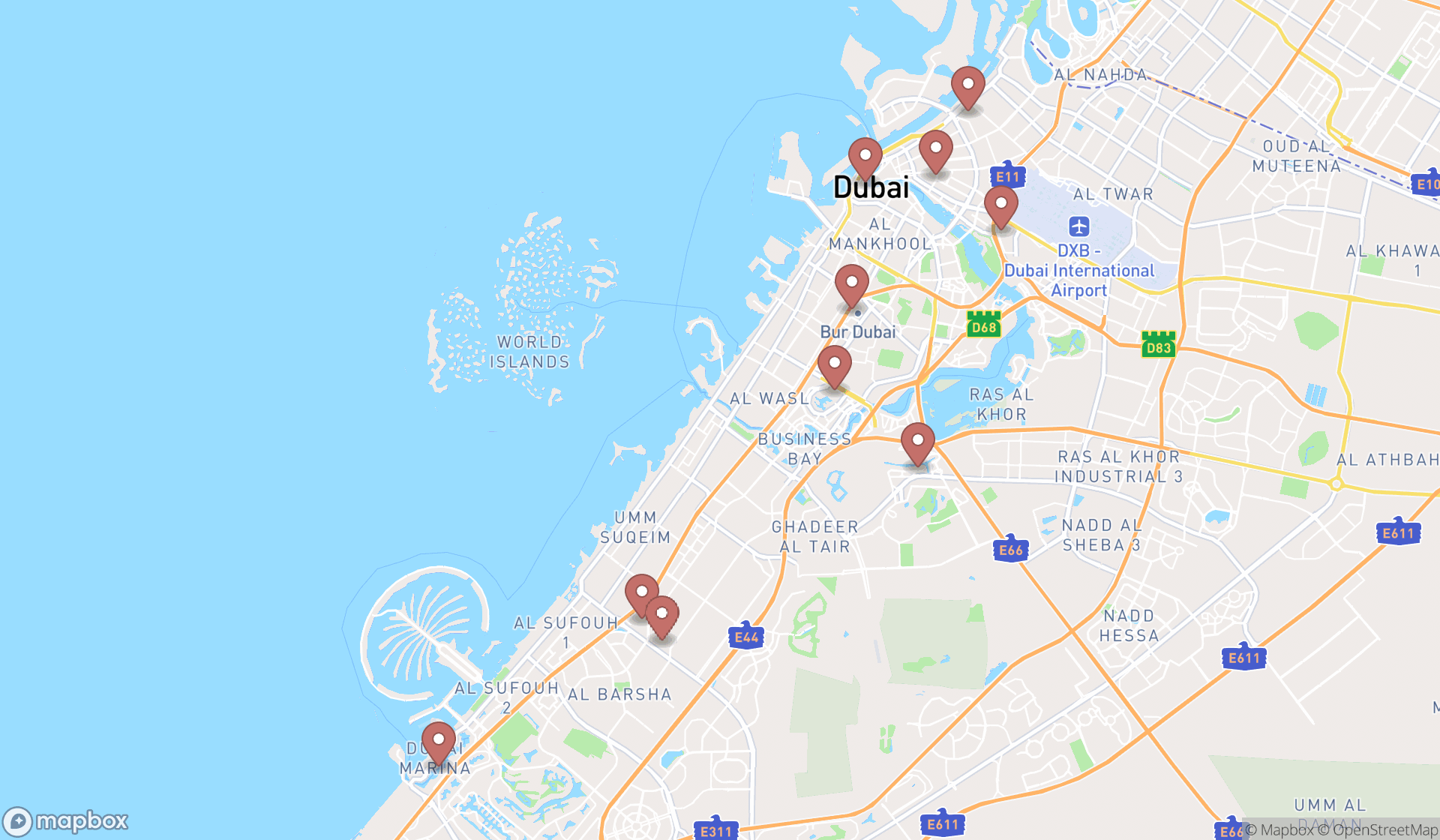Map showing the ranked luggage storage facilities in Dubai, Dubai