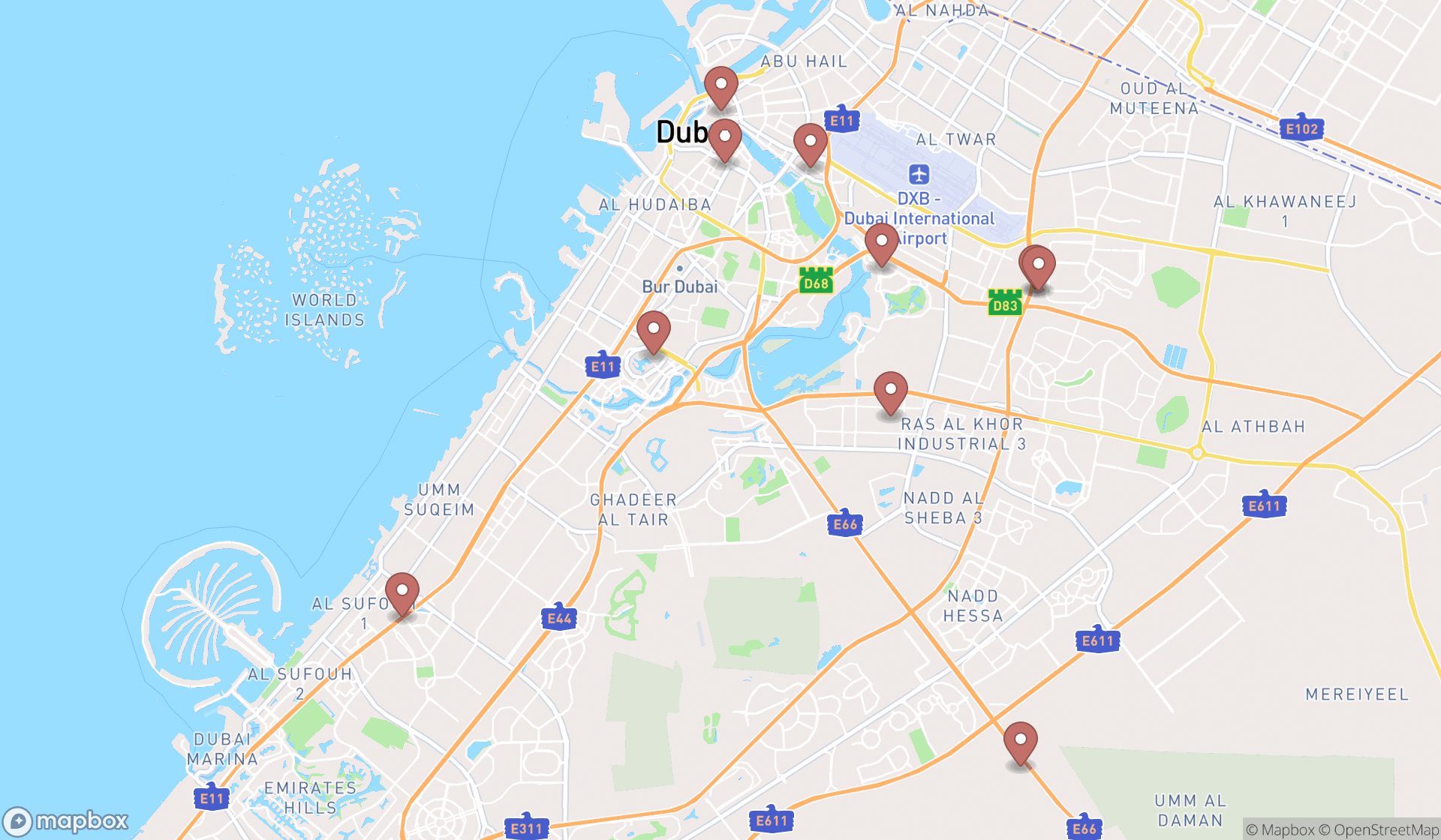 Map showing the ranked luggage stores in Dubai, Dubai