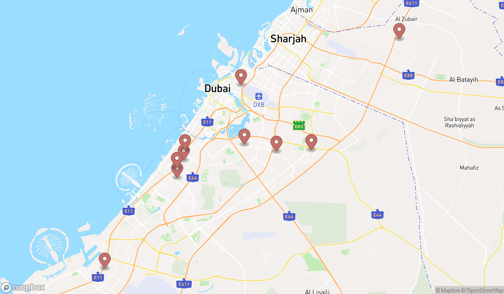 Map showing the ranked lumber stores in Dubai, Dubai