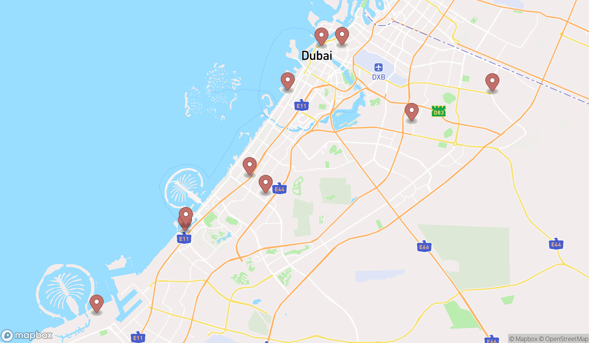 Map showing the ranked lunch restaurants in Dubai, Dubai