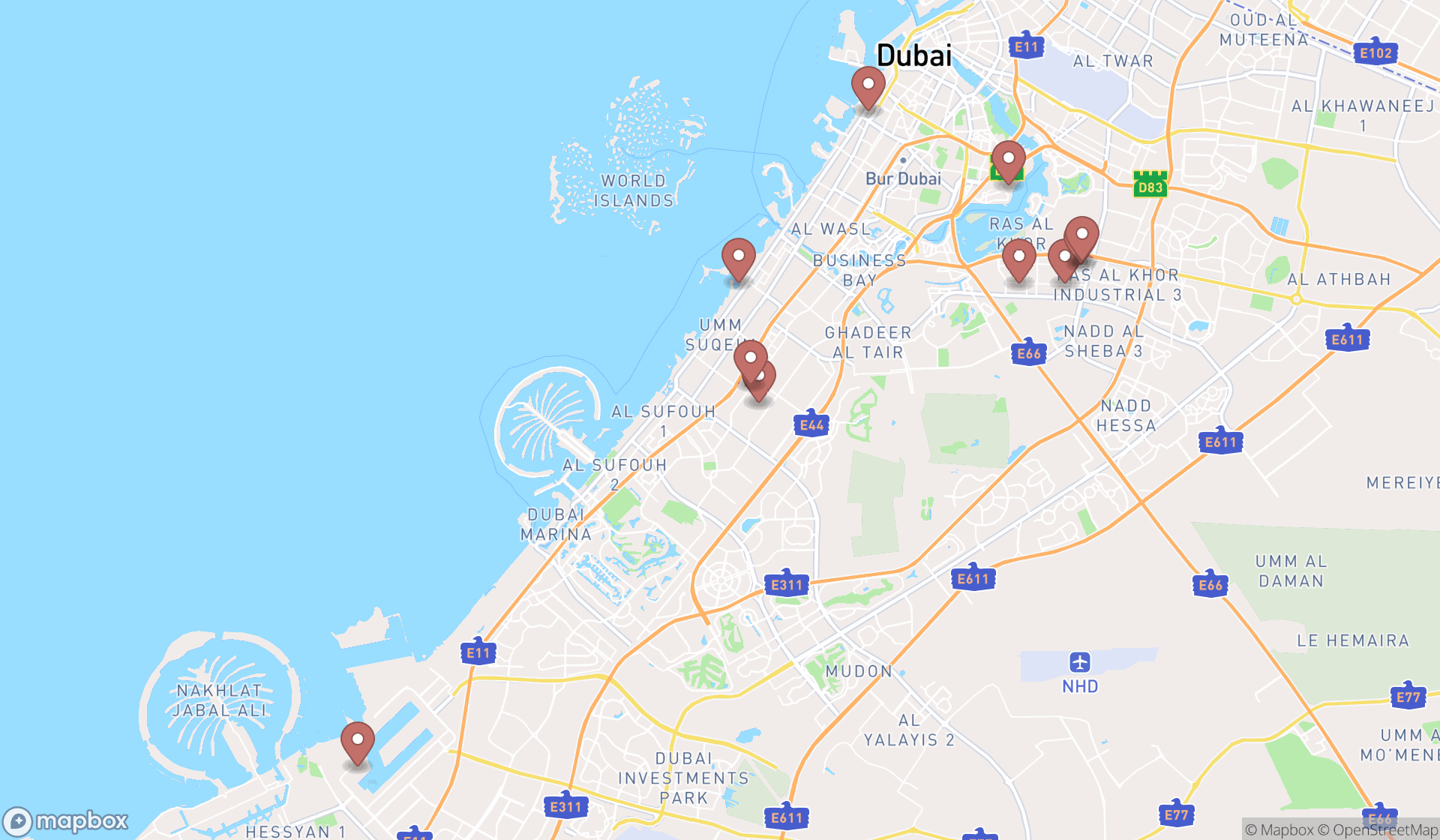 Map showing the ranked machine workshops in Dubai, Dubai