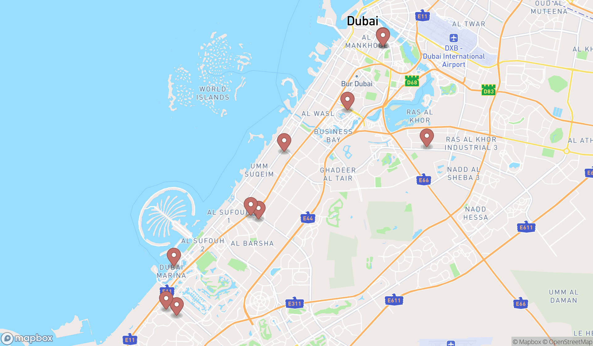 Map showing the ranked mailbox rental services in Dubai, Dubai