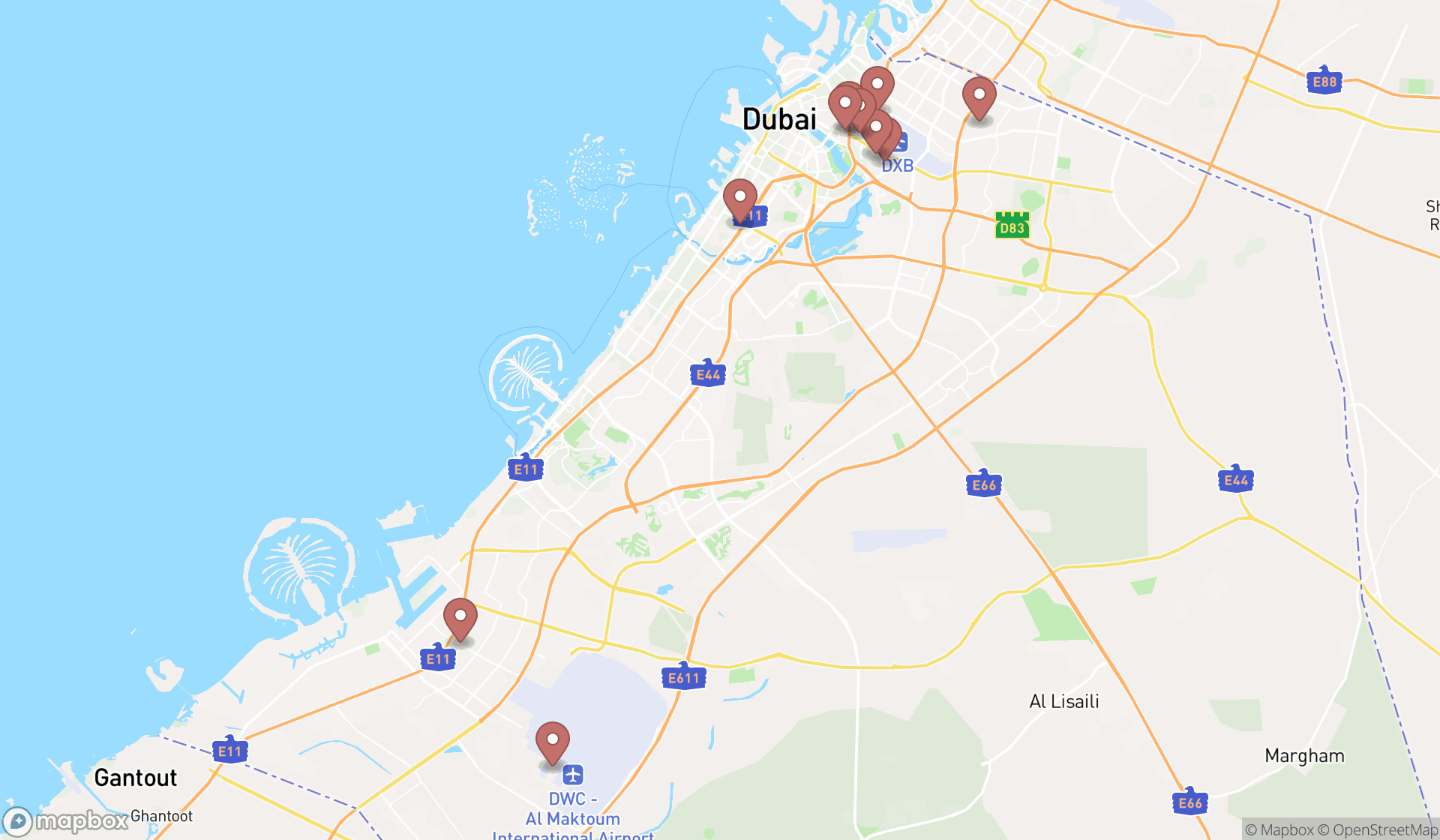 Map showing the ranked mailing services in Dubai, Dubai