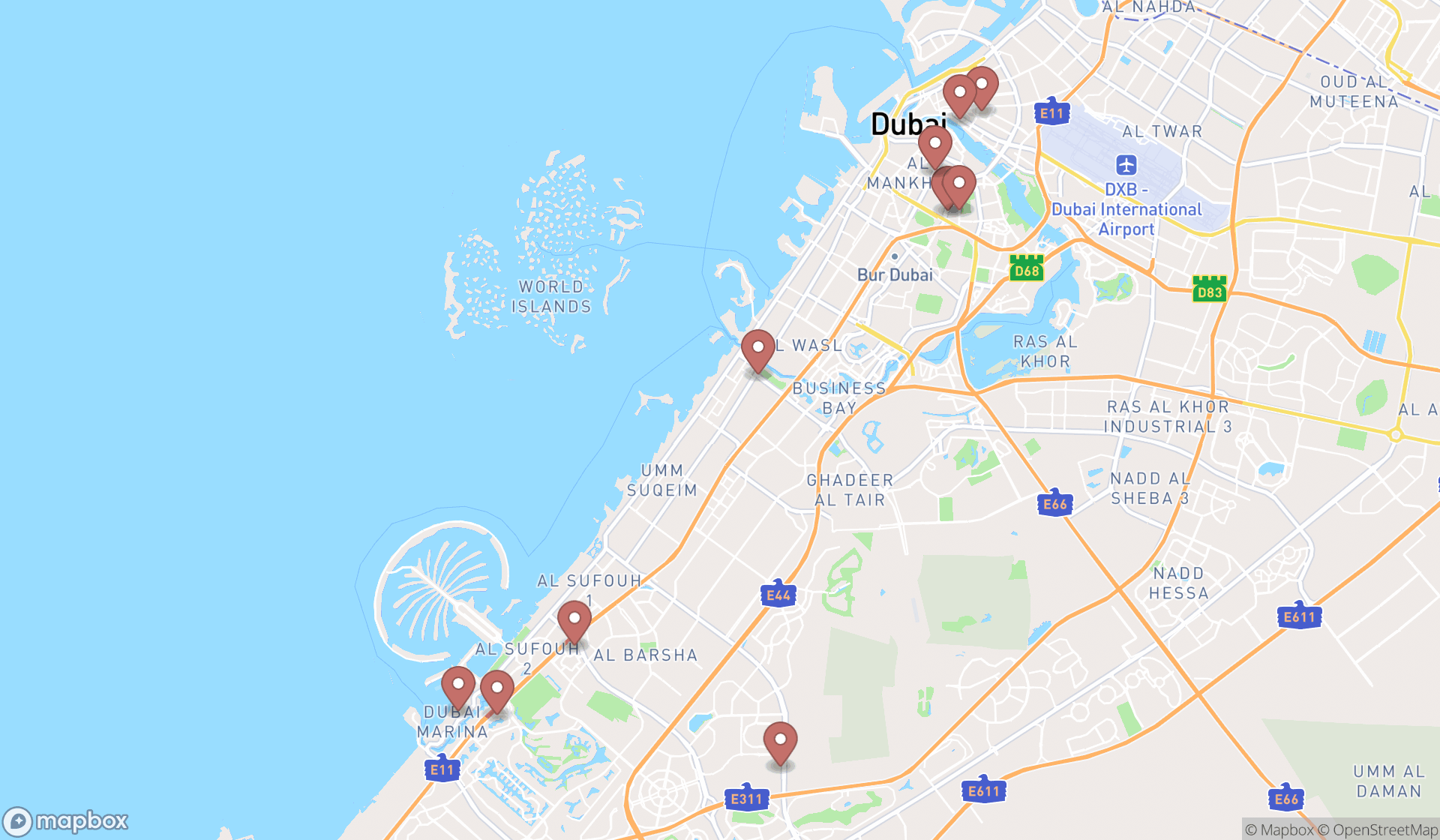 Map showing the ranked malaysian restaurants in Dubai, Dubai