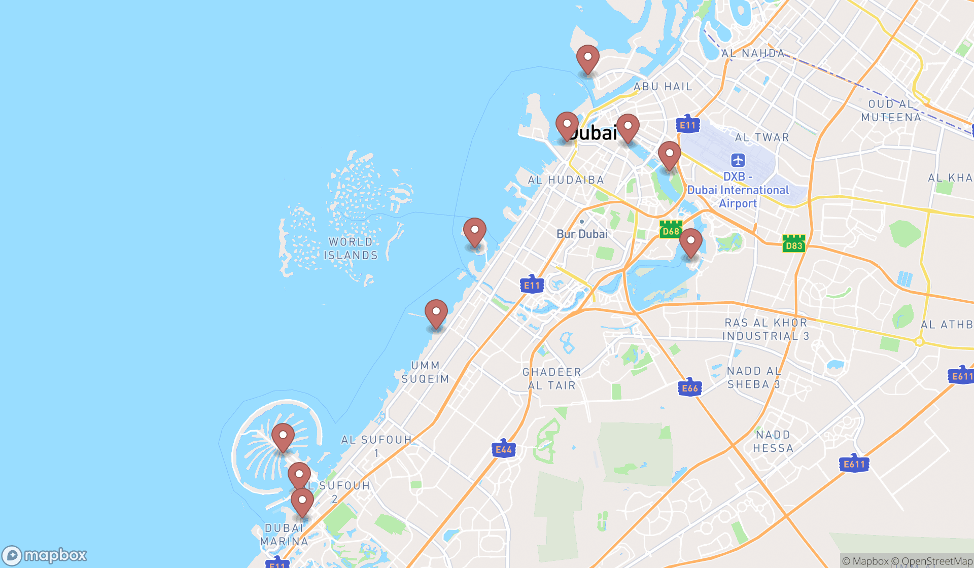 Map showing the ranked marinas in Dubai, Dubai