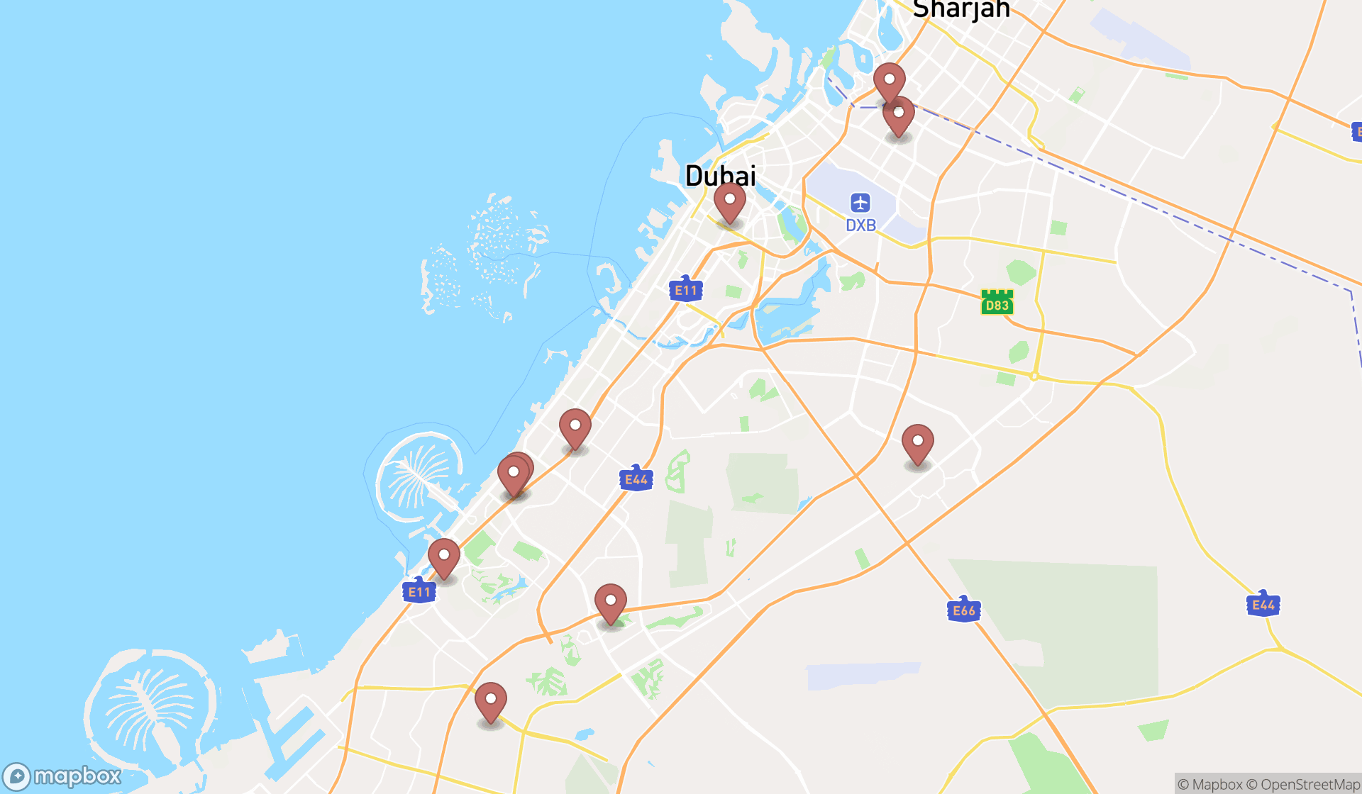 Map showing the ranked martial arts clubs in Dubai, Dubai
