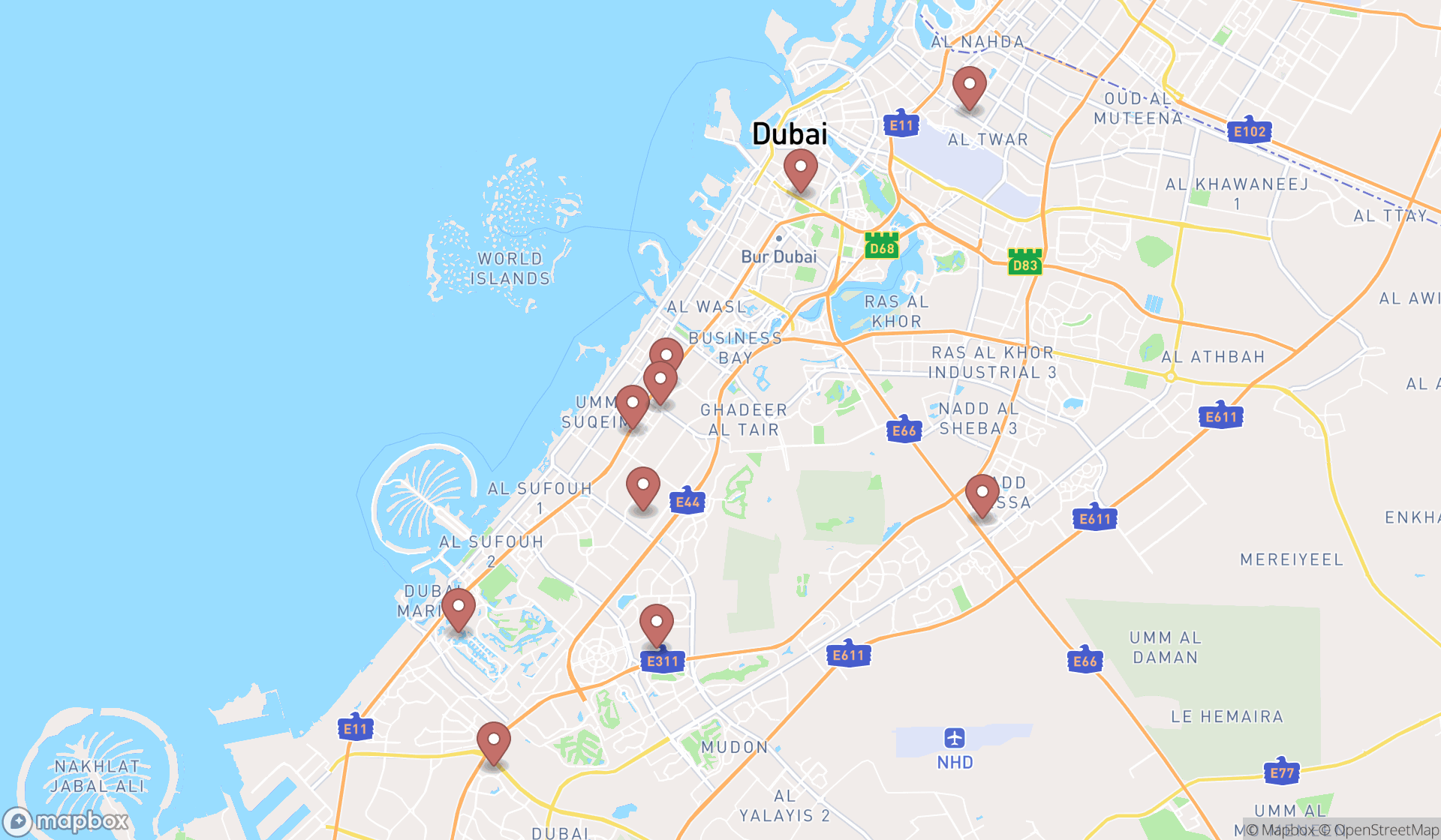 Map showing the ranked martial arts schools in Dubai, Dubai