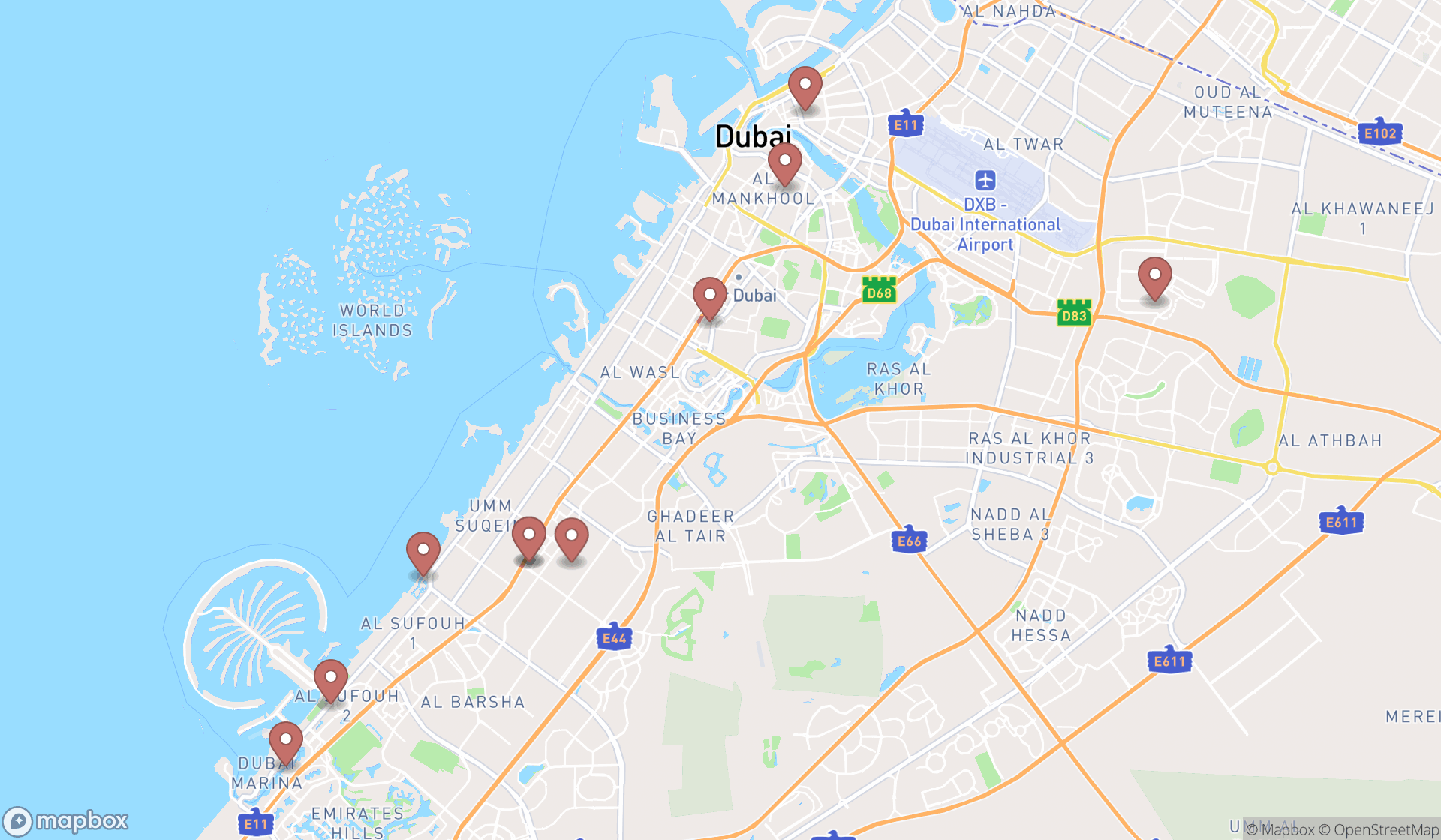 Map showing the ranked martial arts supply stores in Dubai, Dubai
