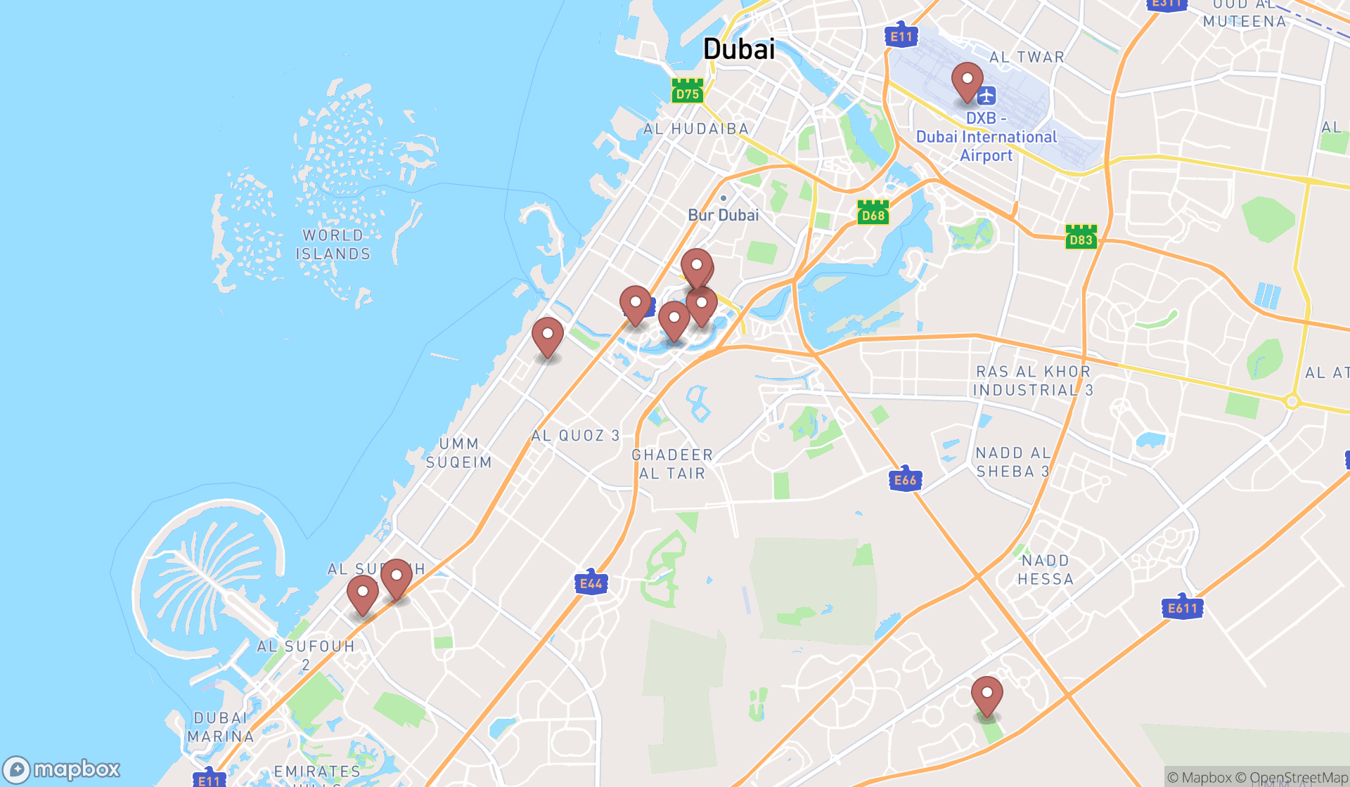 Map showing the ranked massage spas in Dubai, Dubai