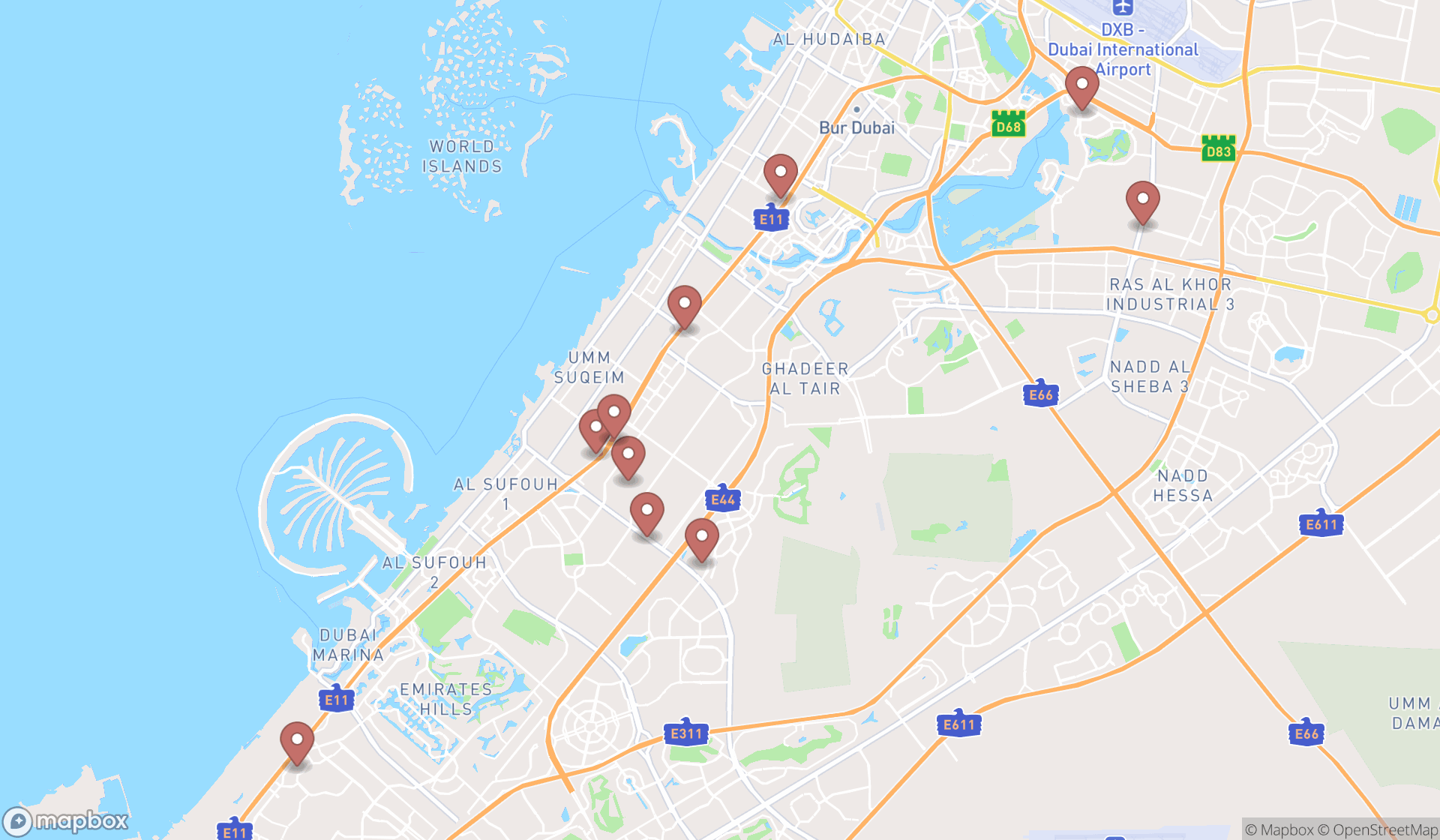 Map showing the ranked mattress stores in Dubai, Dubai