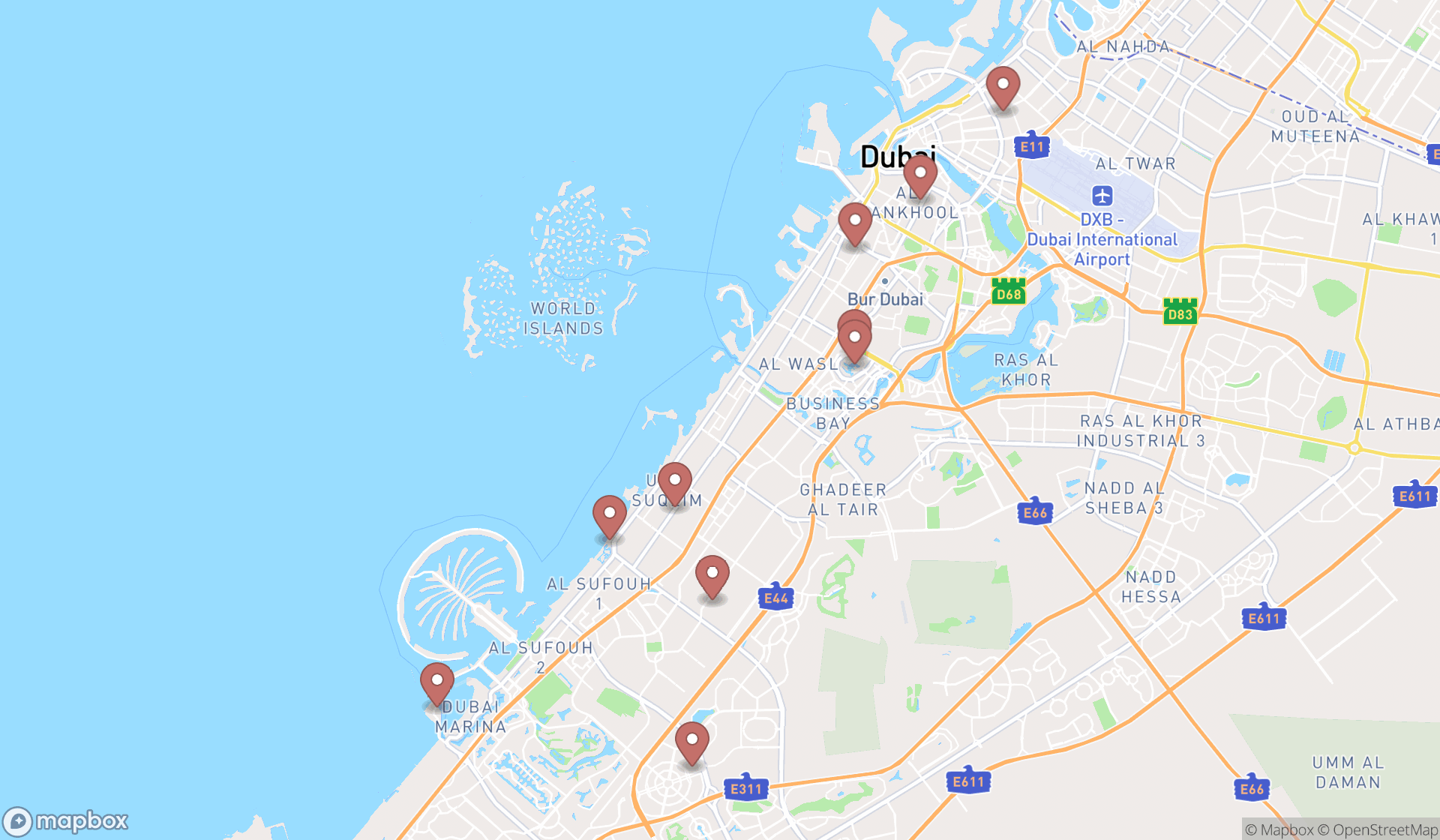 Map showing the ranked meat dish restaurants in Dubai, Dubai