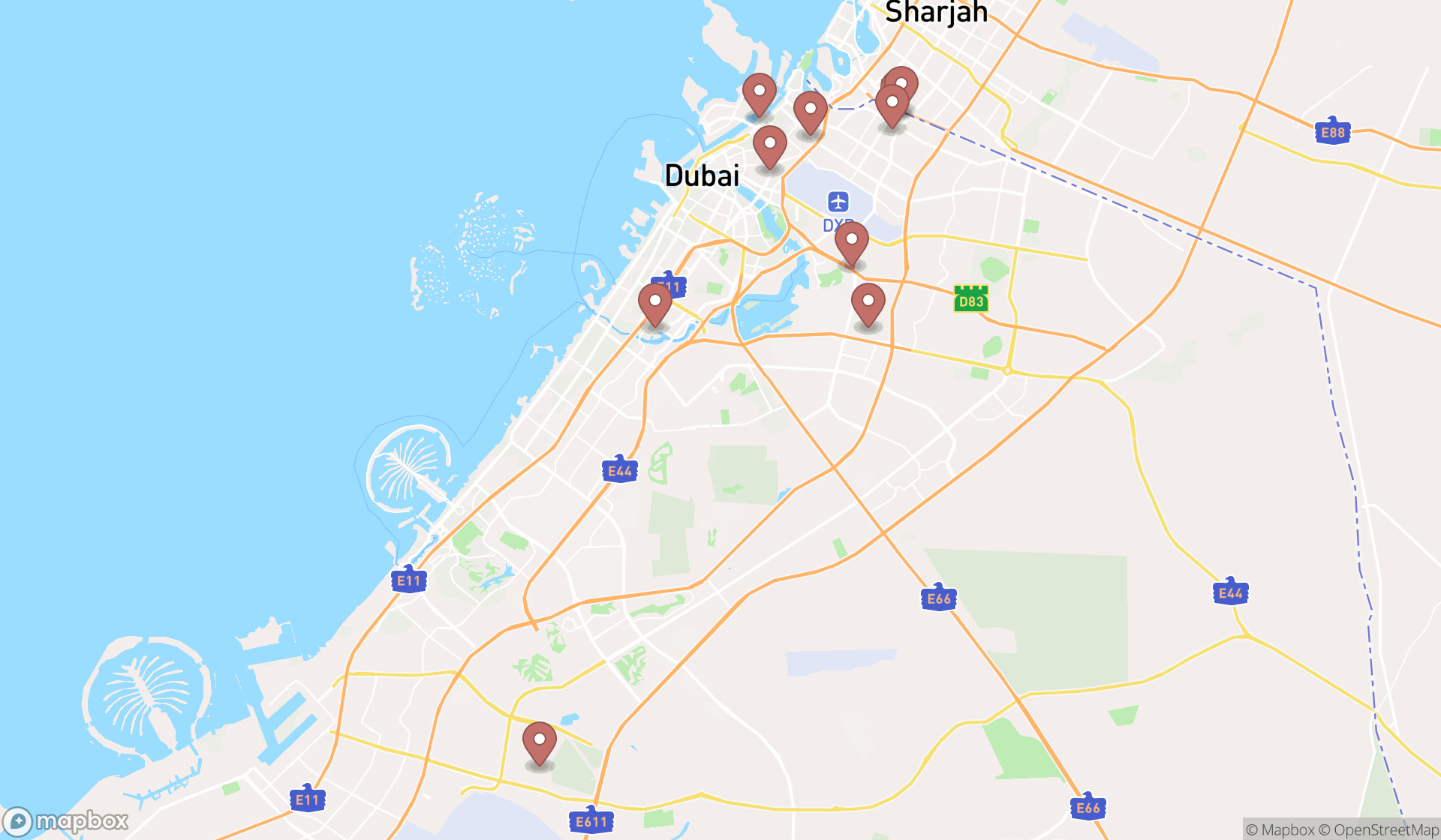 Map showing the ranked meat wholesalers in Dubai, Dubai