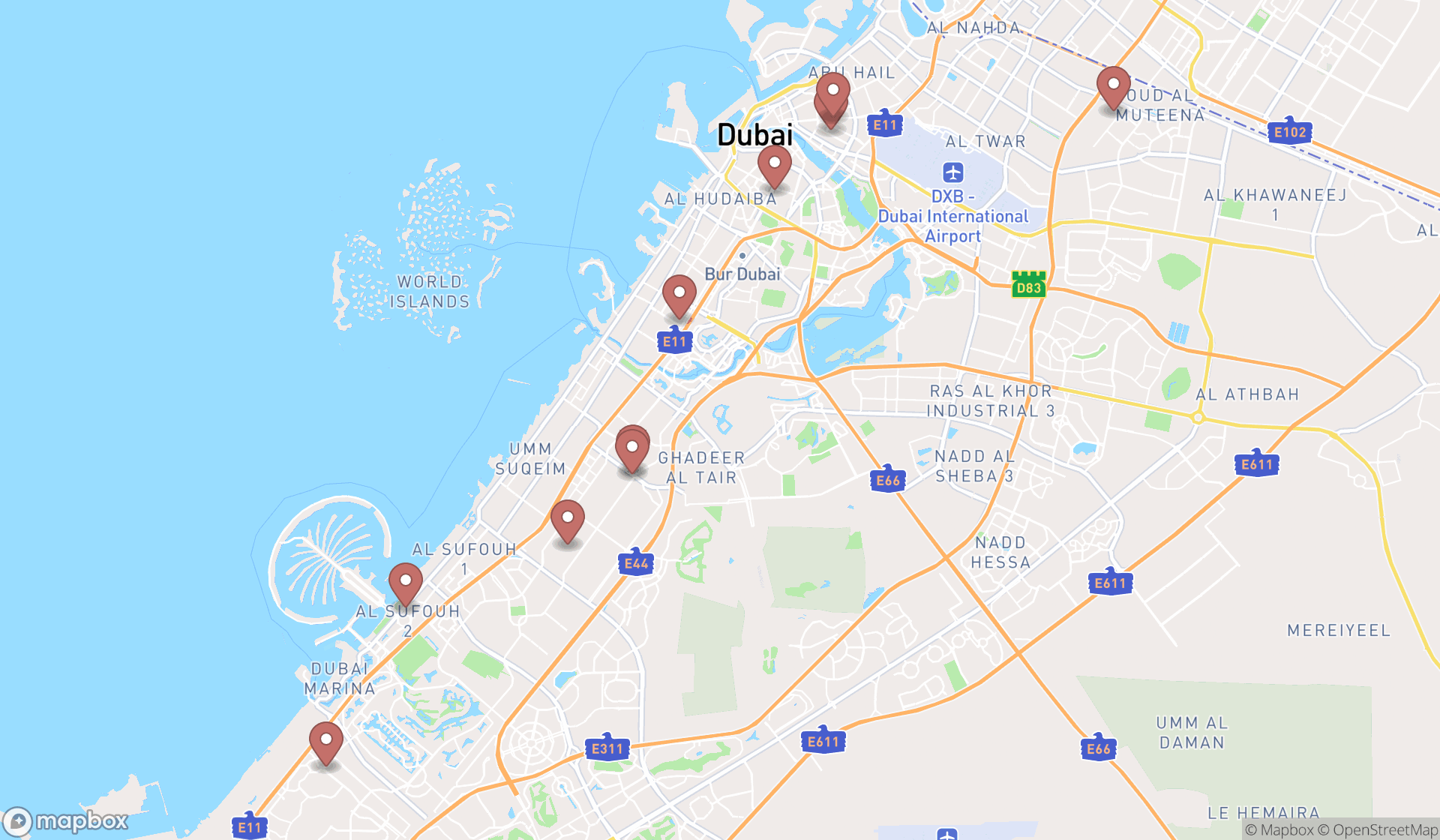 Map showing the ranked medical centers in Dubai, Dubai