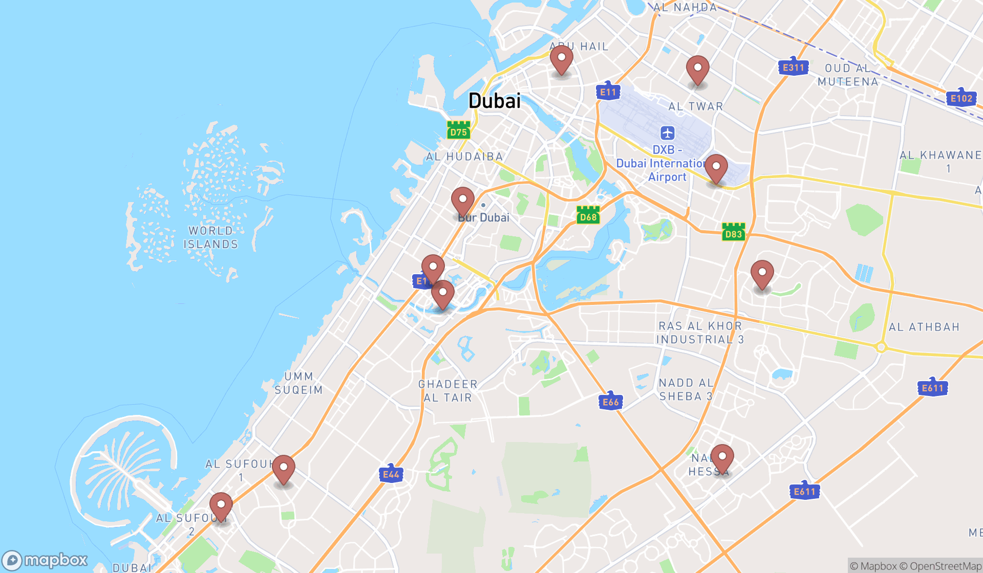 Map showing the ranked medical clinics in Dubai, Dubai