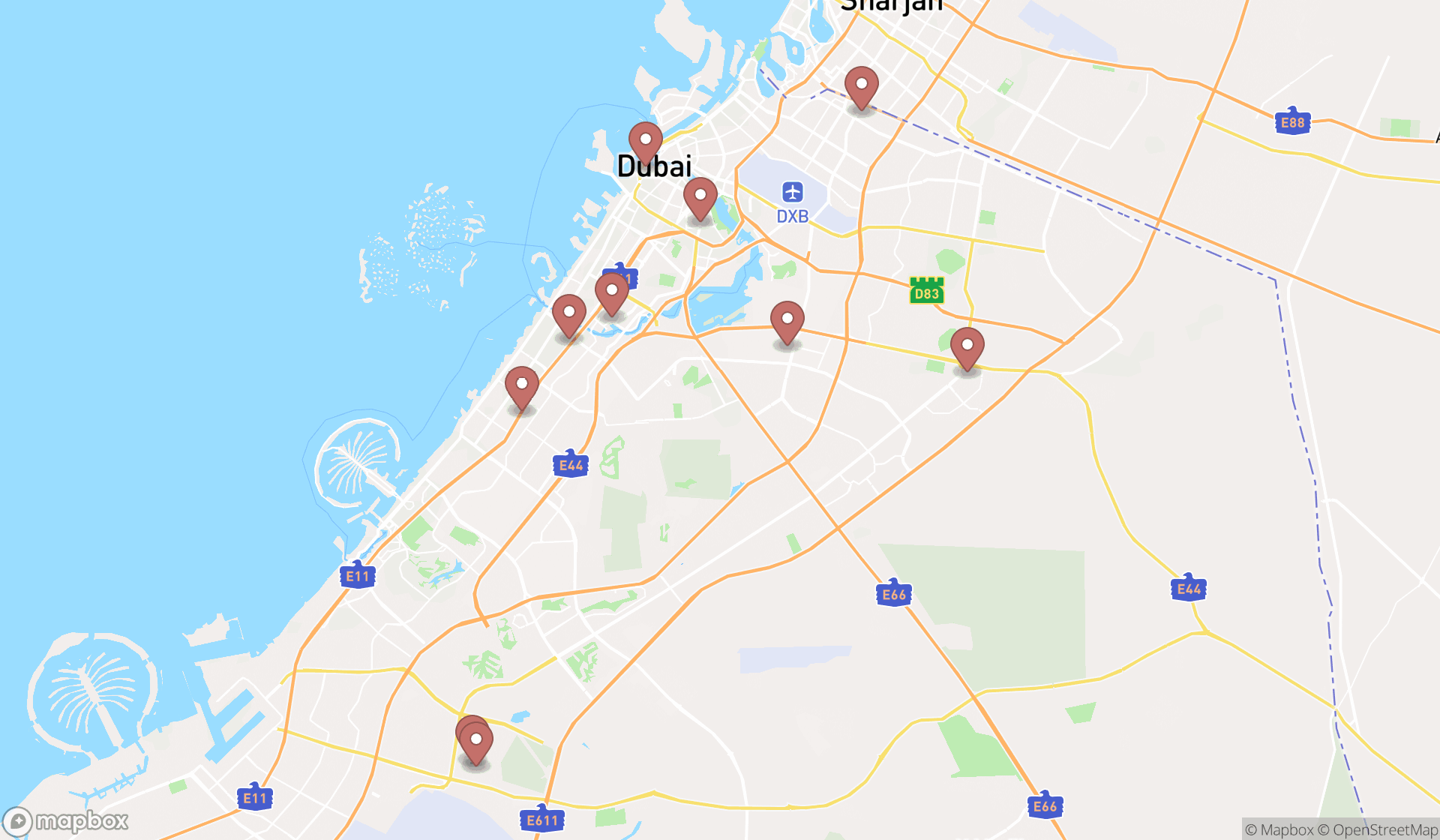 Map showing the ranked medical supply stores in Dubai, Dubai