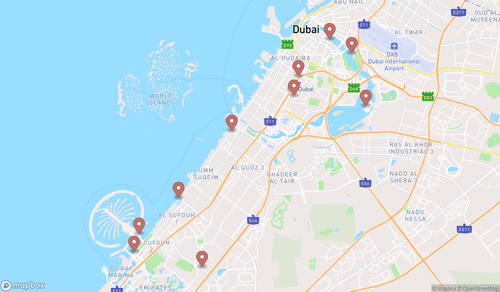 Map showing the ranked mediterranean restaurants in Dubai, Dubai