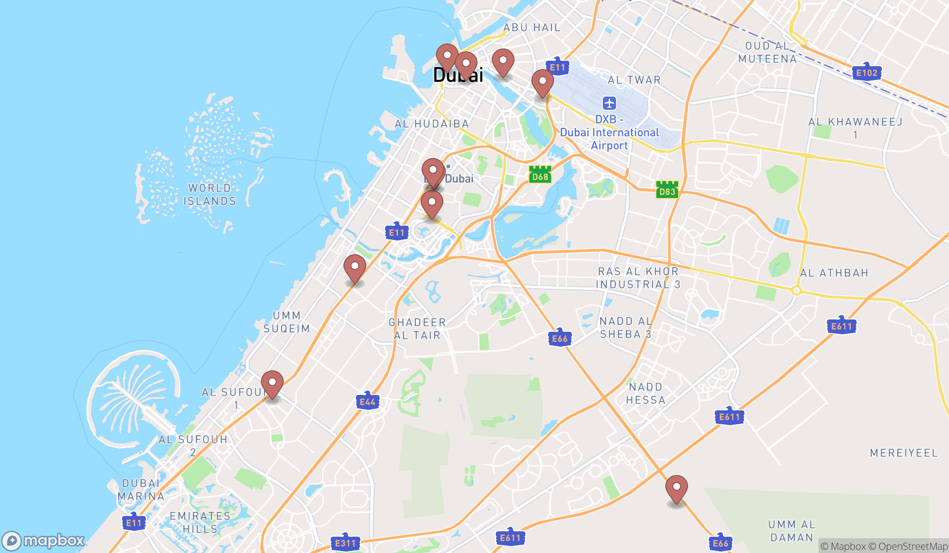Map showing the ranked men's clothing stores in Dubai, Dubai