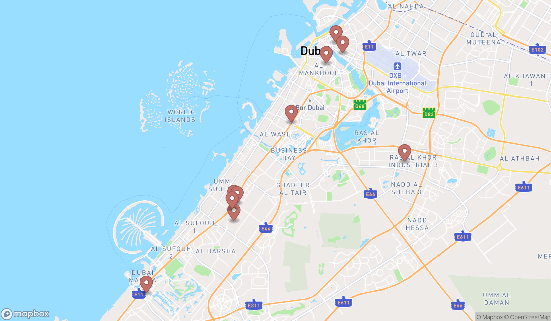 Map showing the ranked mercedes-benz dealers in Dubai, Dubai