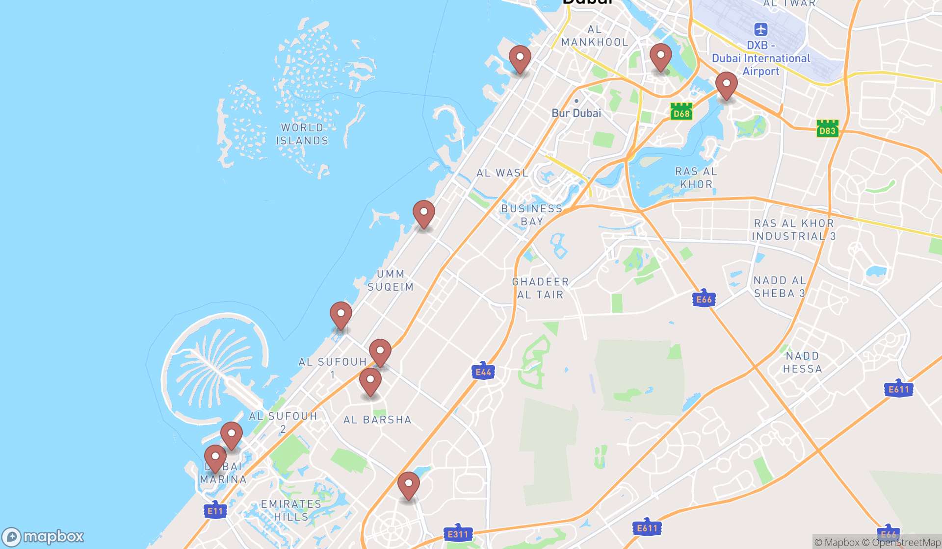 Map showing the ranked mexican restaurants in Dubai, Dubai