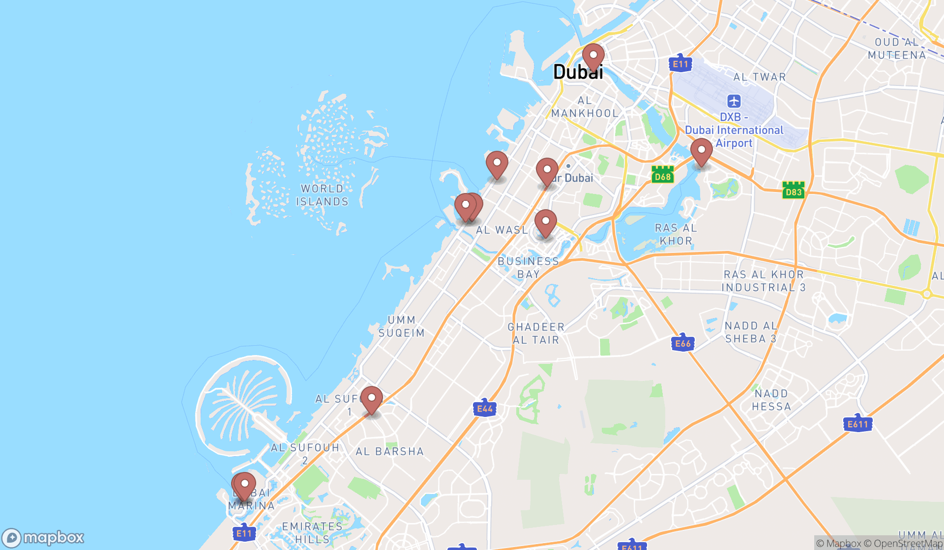 Map showing the ranked middle eastern restaurants in Dubai, Dubai