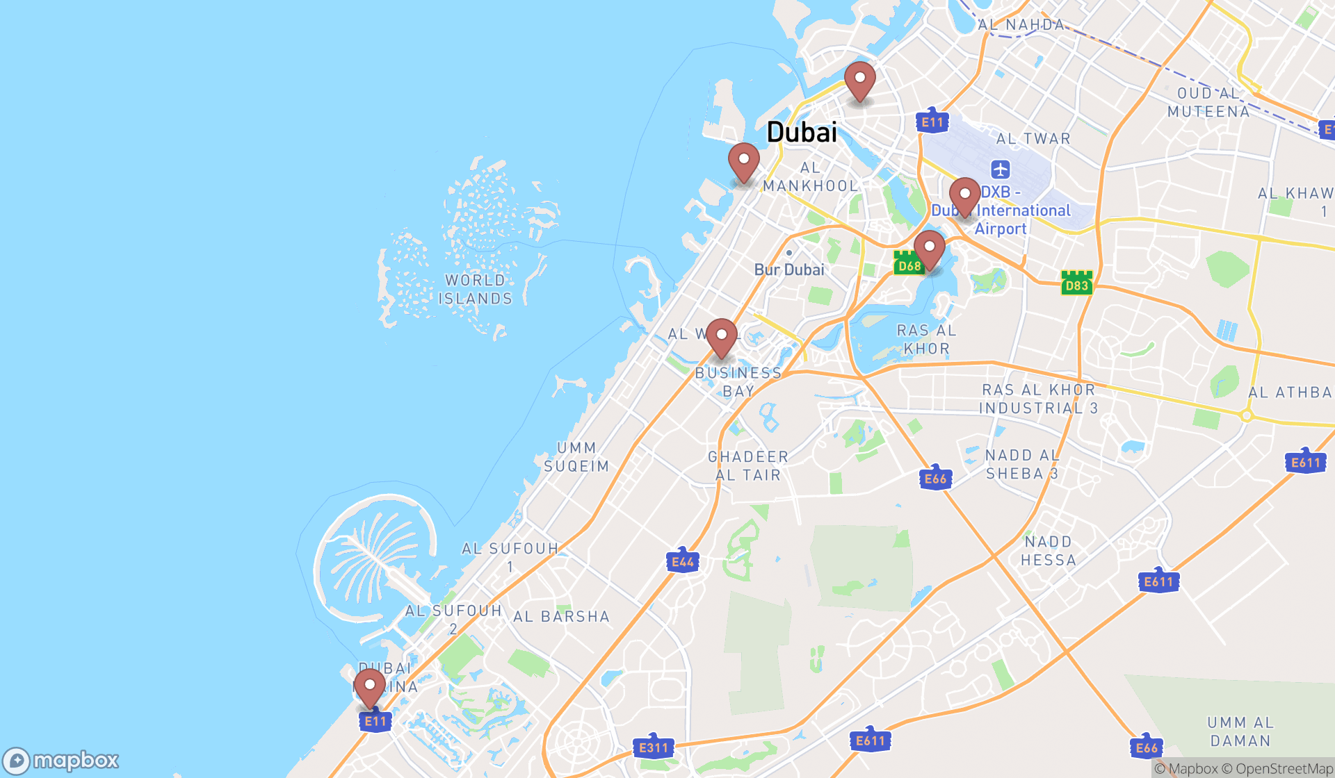 Map showing the ranked military bases in Dubai, Dubai