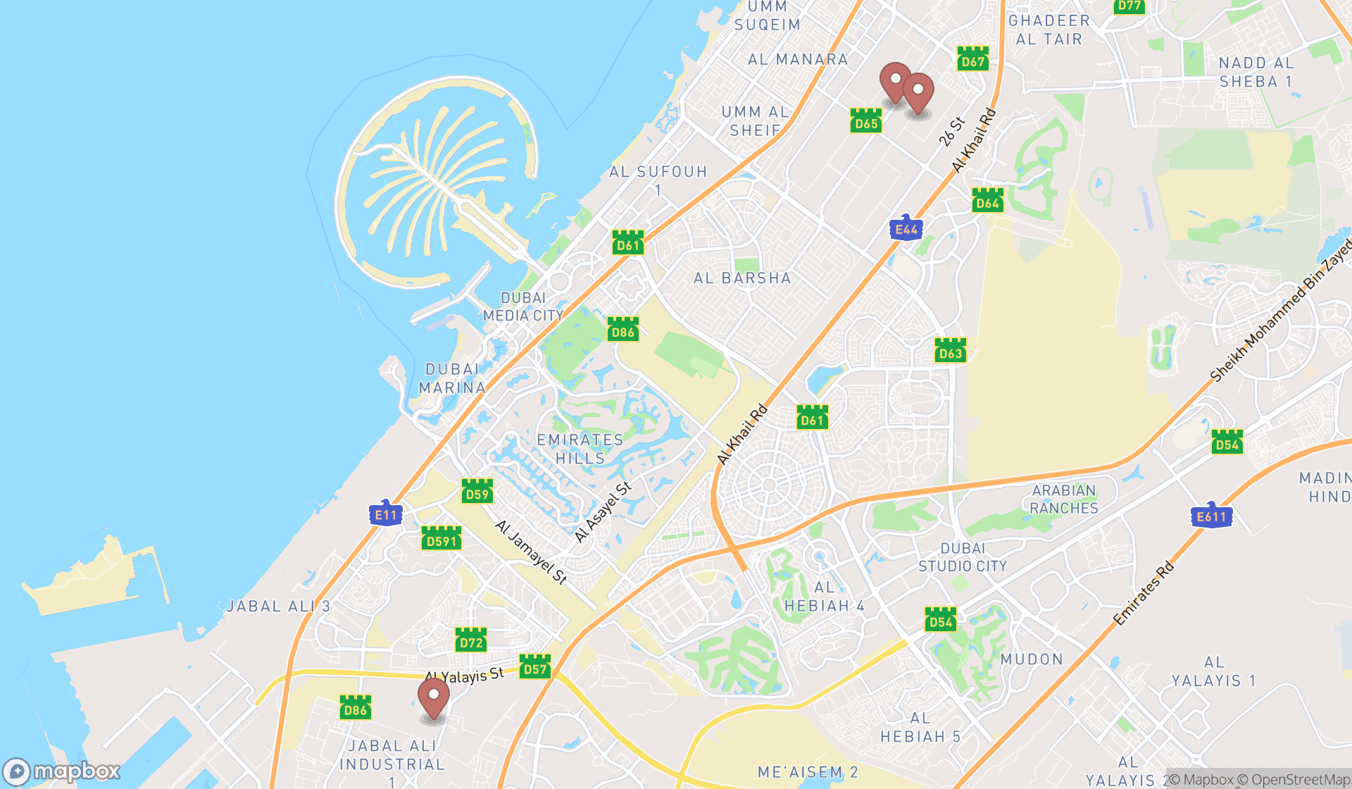 Map showing the ranked millwork shops in Dubai, Dubai