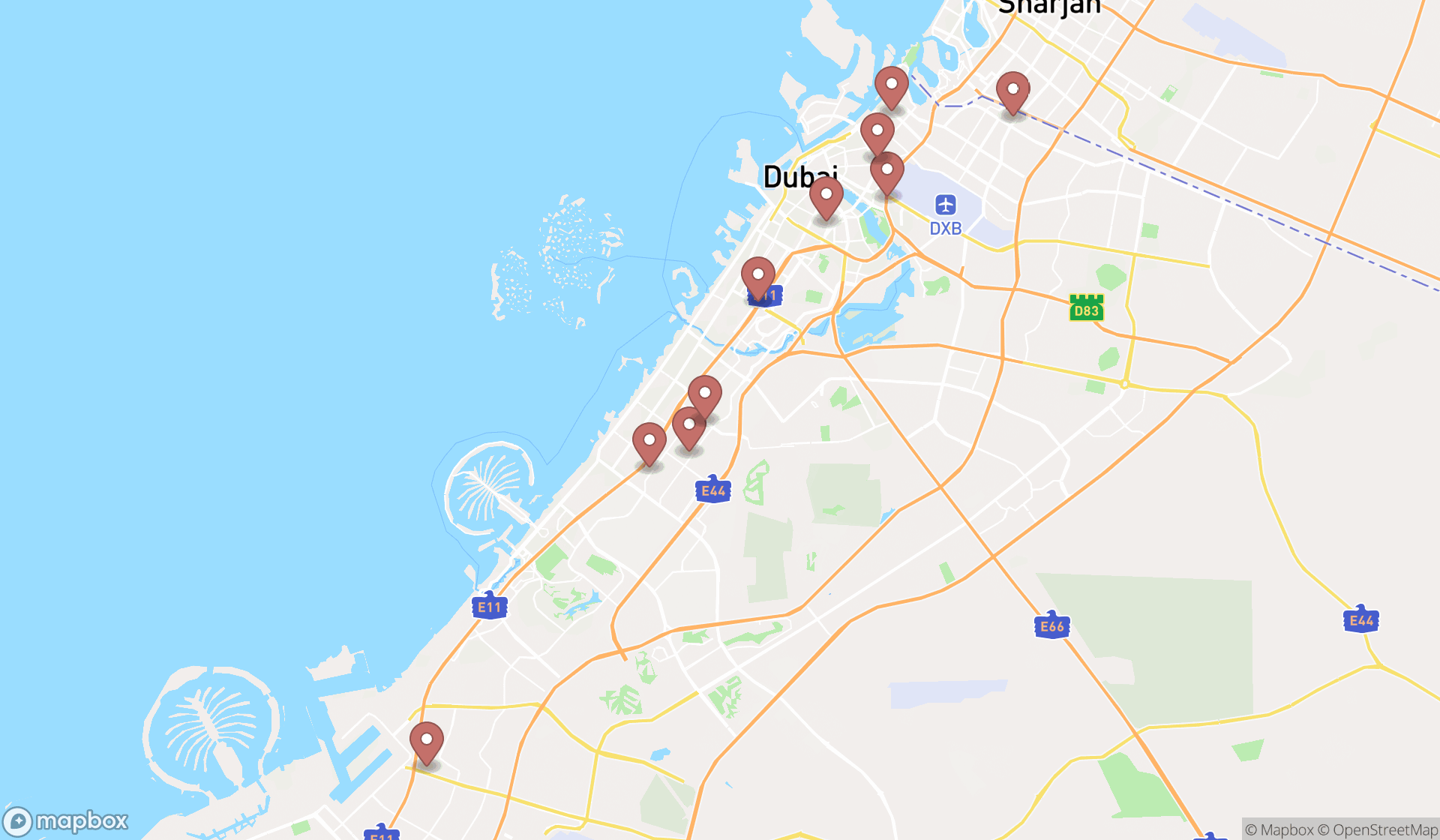 Map showing the ranked mineral water companies in Dubai, Dubai