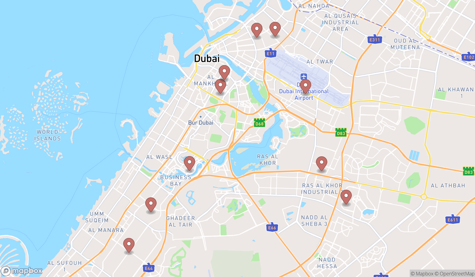 Map showing the ranked minibus taxi services in Dubai, Dubai