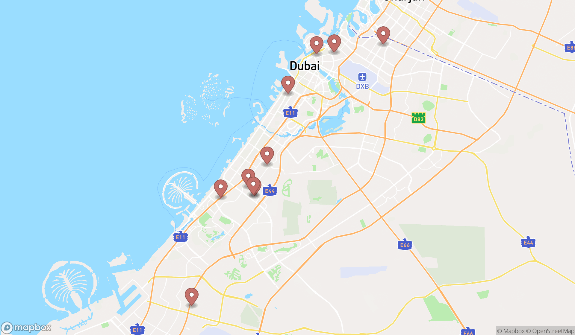 Map showing the ranked mirror shops in Dubai, Dubai