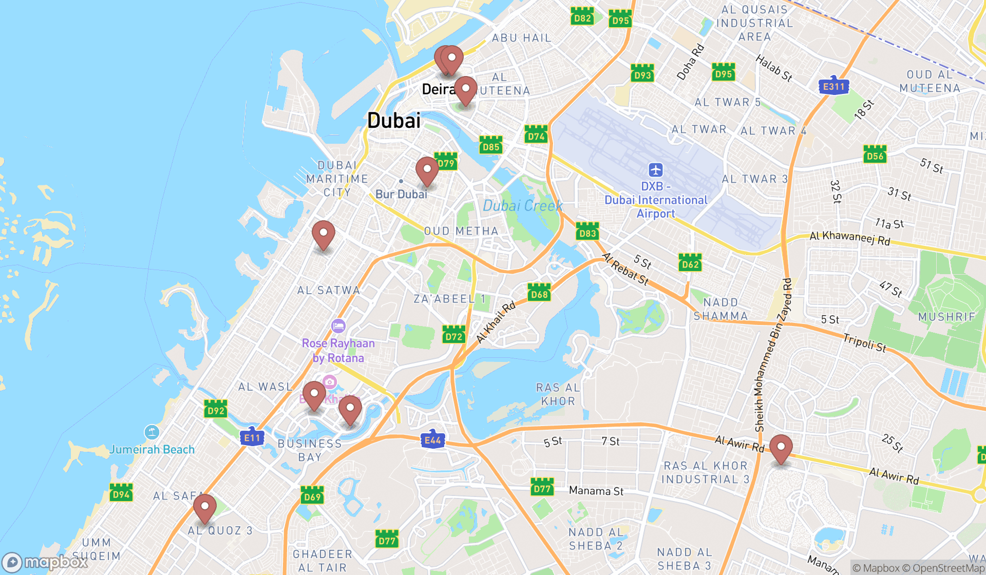 Map showing the ranked mobile home rental agencies in Dubai, Dubai
