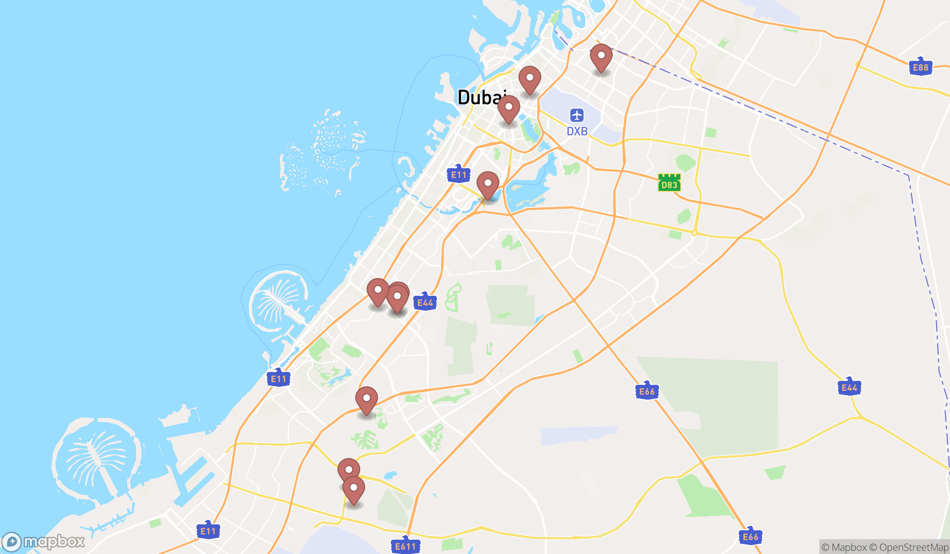 Map showing the ranked model design companies in Dubai, Dubai