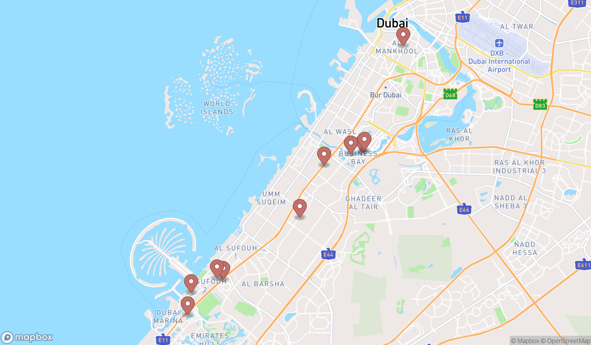 Map showing the ranked modeling agencies in Dubai, Dubai