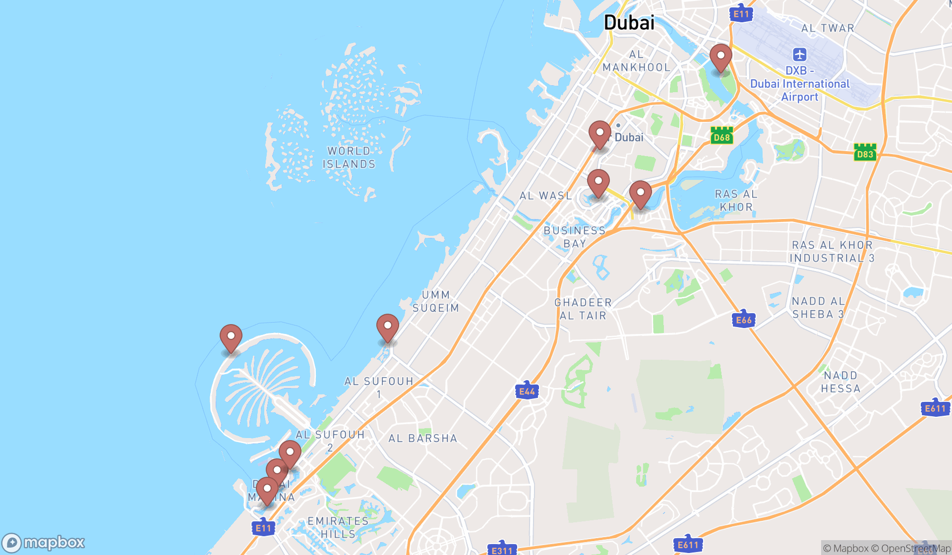 Map showing the ranked modern european restaurants in Dubai, Dubai