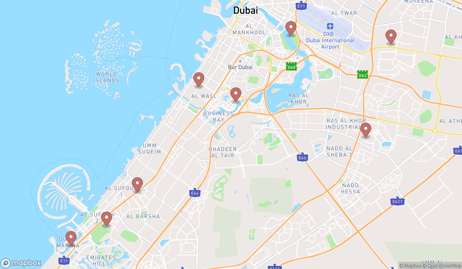 Map showing the ranked modern french restaurants in Dubai, Dubai