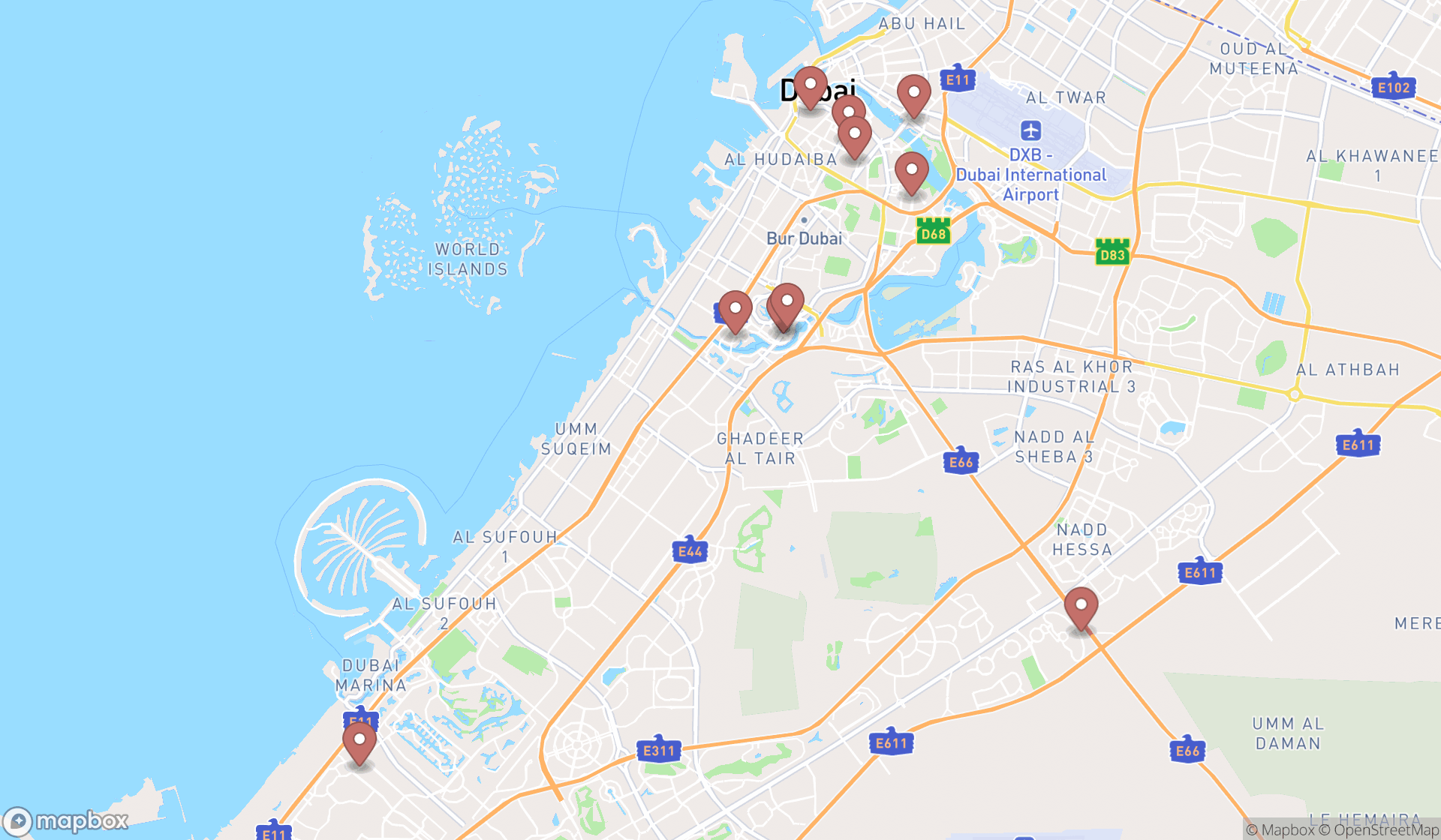 Map showing the ranked modern indian restaurants in Dubai, Dubai