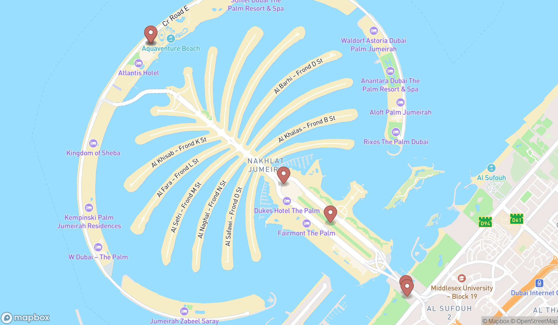 Map showing the ranked monorail stations in Dubai, Dubai