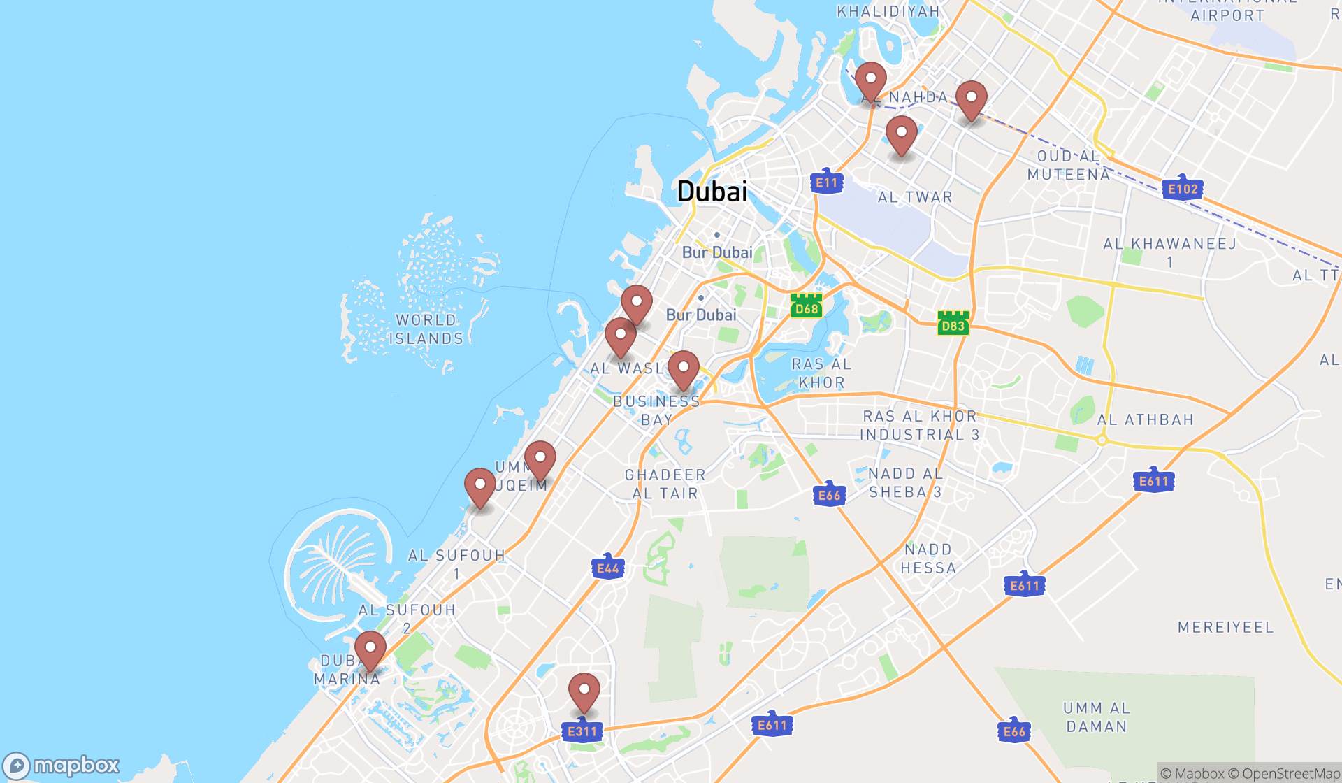 Map showing the ranked montessori preschools in Dubai, Dubai