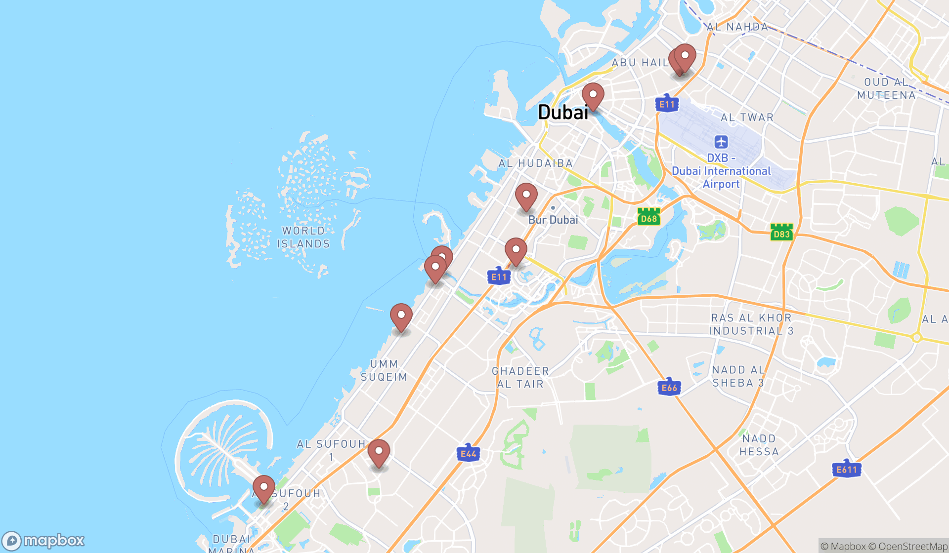 Map showing the ranked moroccan restaurants in Dubai, Dubai