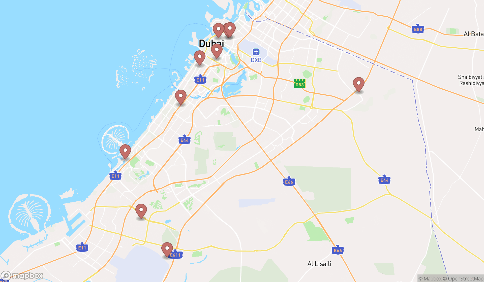 Map showing the ranked motels in Dubai, Dubai