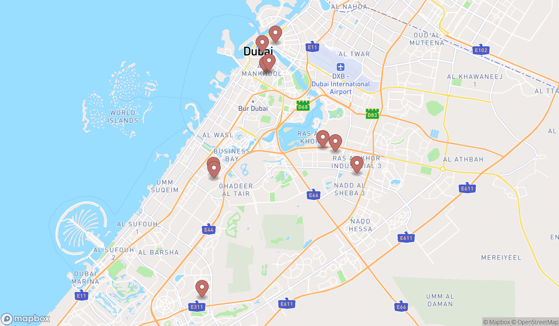 Map showing the ranked motor scooter repair shops in Dubai, Dubai