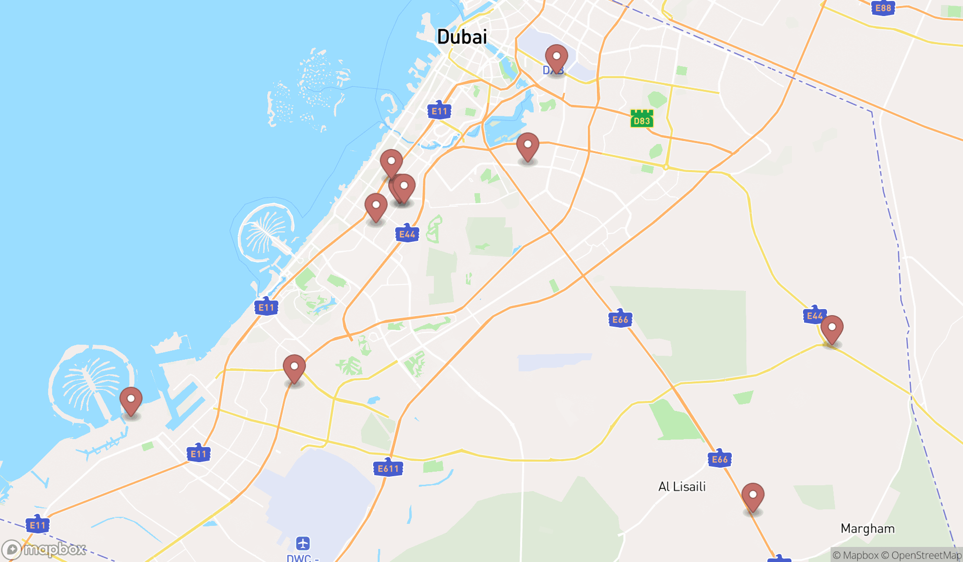 Map showing the ranked motorcycle rental agencies in Dubai, Dubai