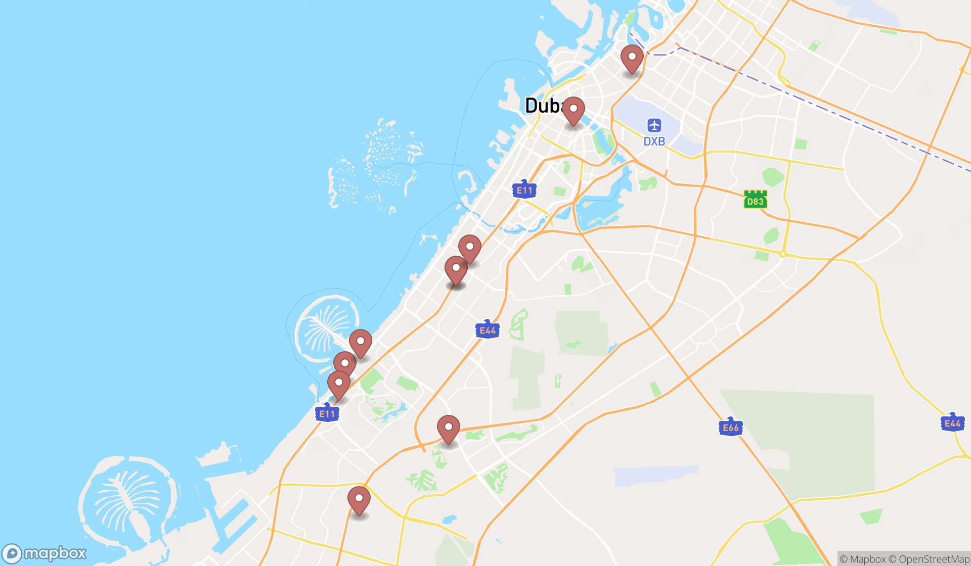 Map showing the ranked muay thai boxing gyms in Dubai, Dubai
