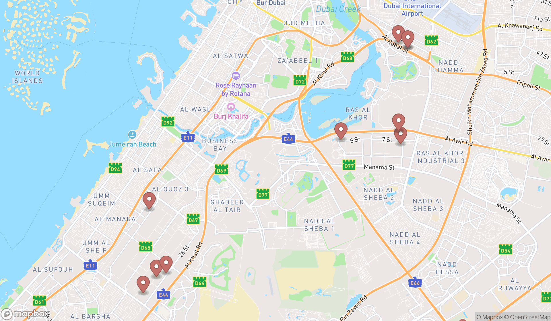 Map showing the ranked muffler shops in Dubai, Dubai