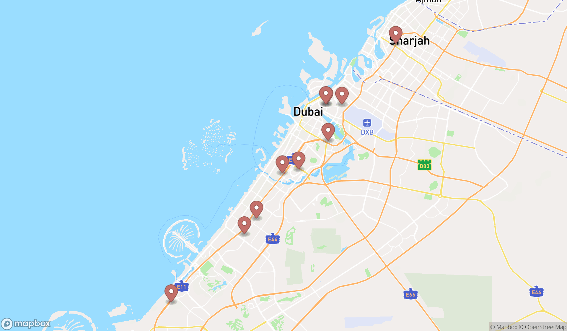 Map showing the ranked musical instrument stores in Dubai, Dubai