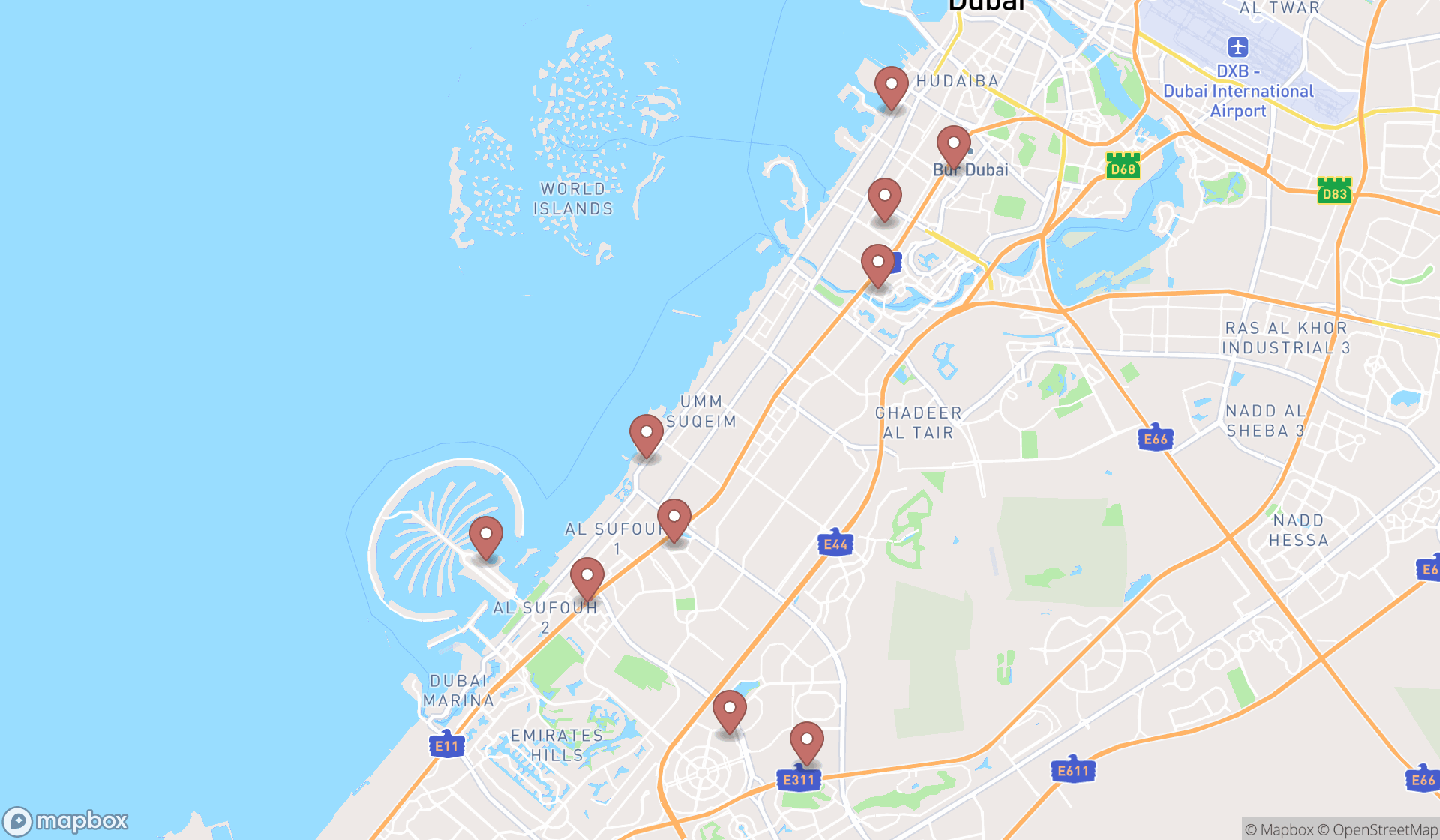 Map showing the ranked nail salons in Dubai, Dubai