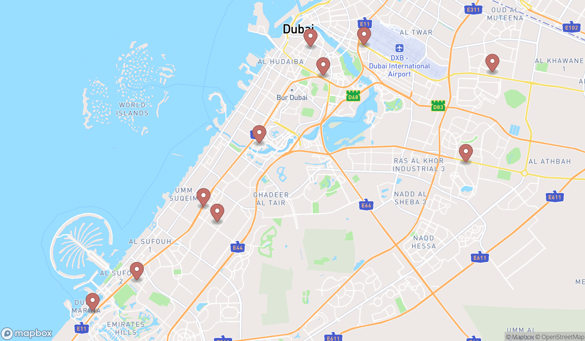 Map showing the ranked natural stone suppliers in Dubai, Dubai