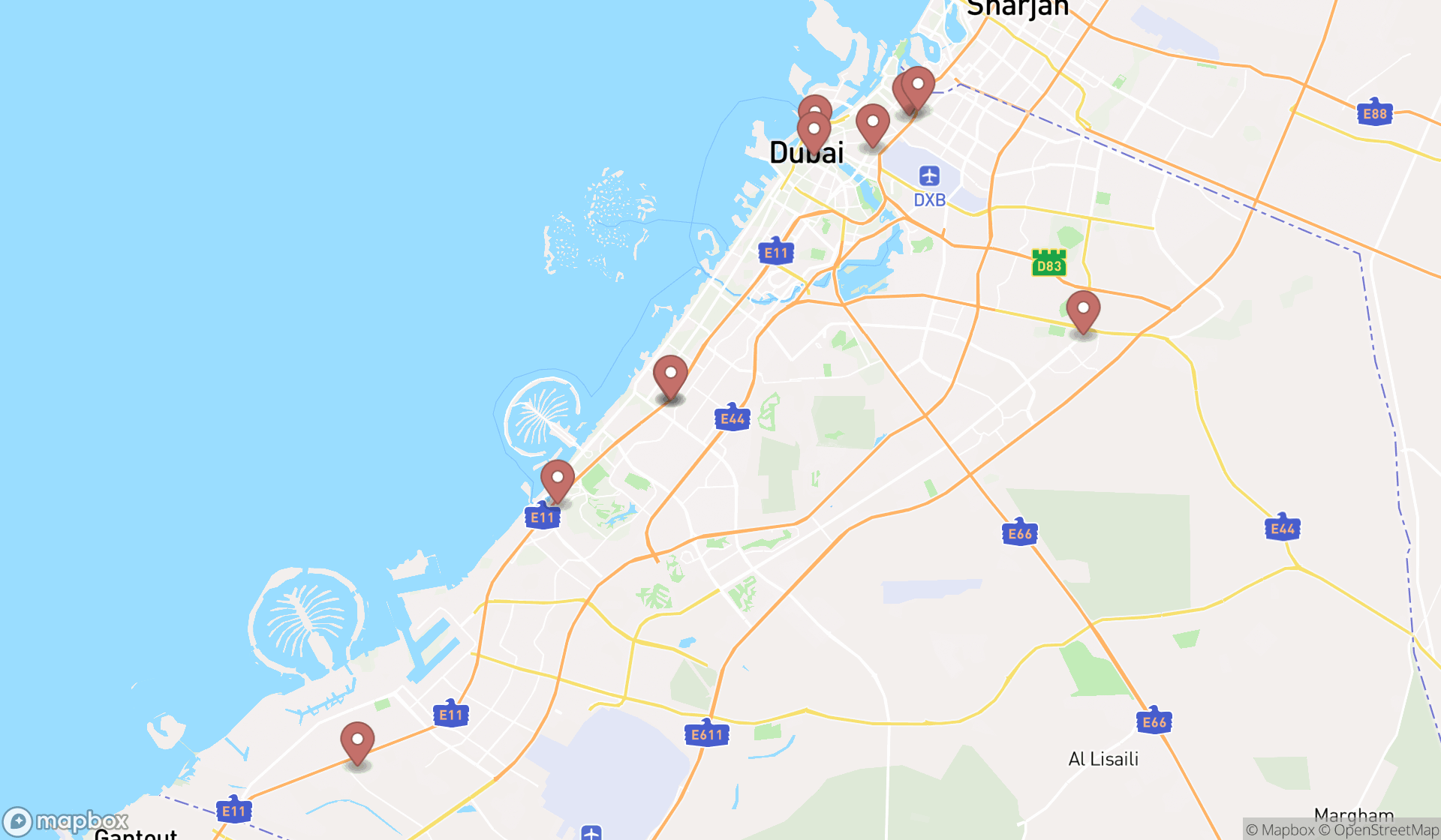 Map showing the ranked natural stone wholesalers in Dubai, Dubai