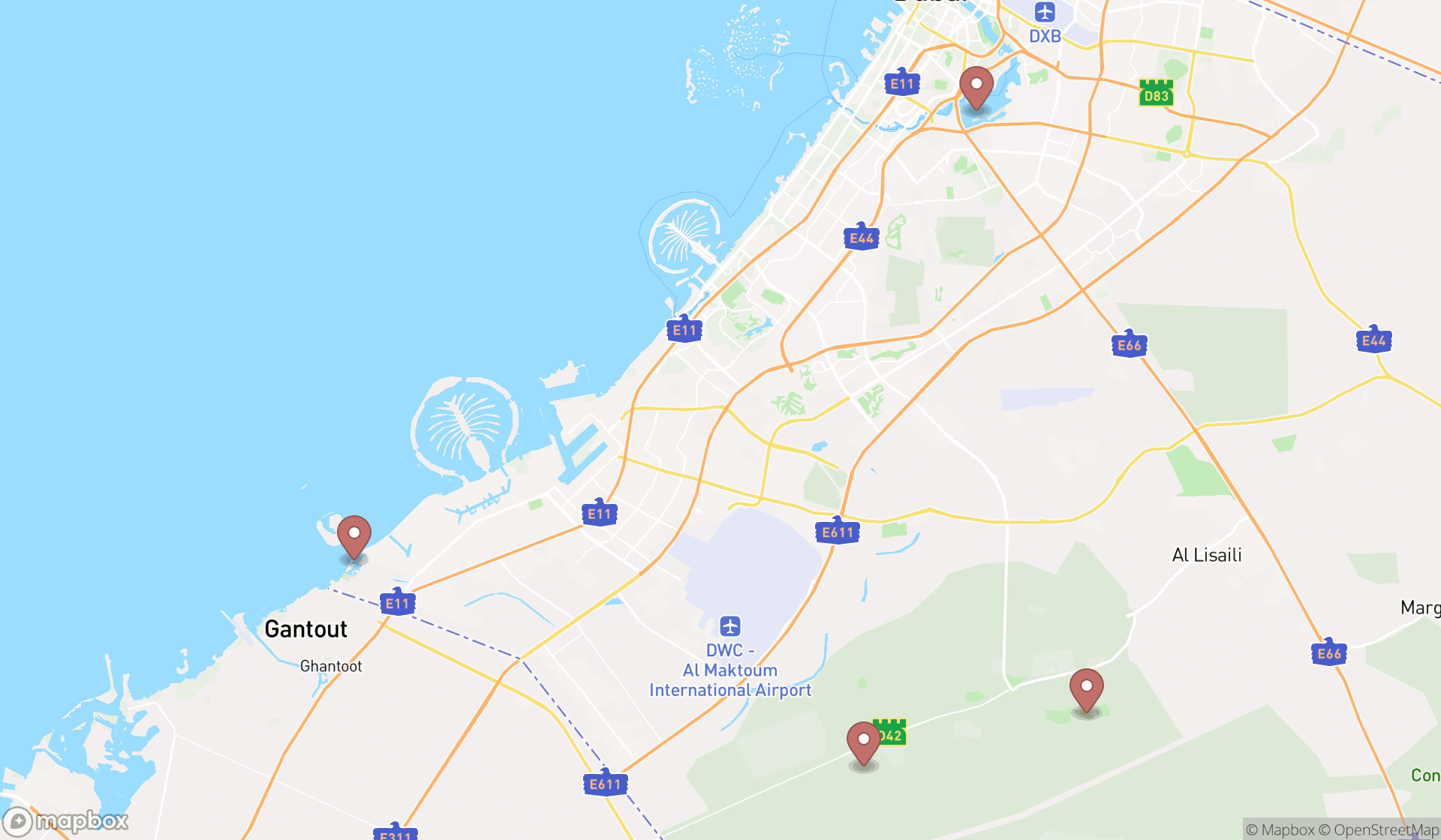 Map showing the ranked nature preserves in Dubai, Dubai