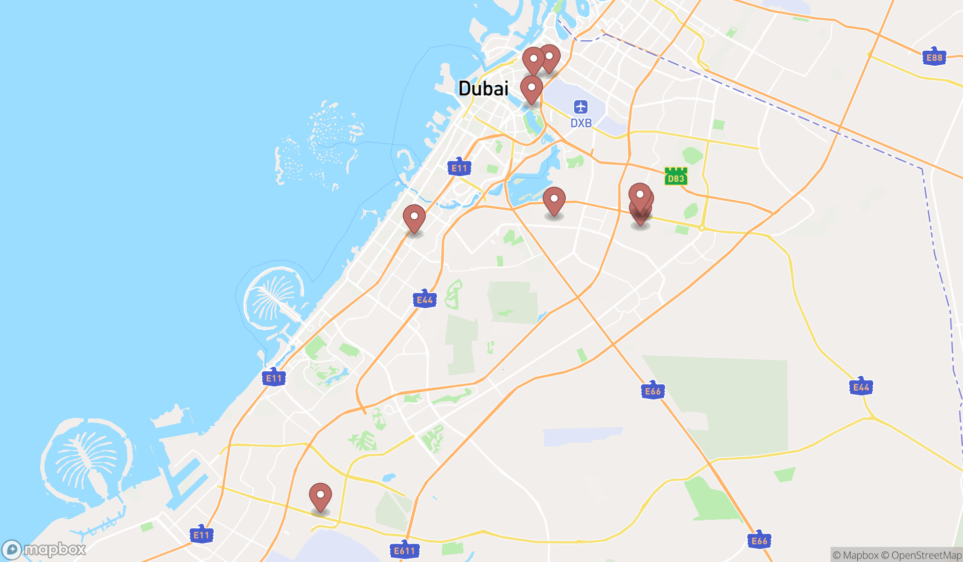 Map showing the ranked neon sign shops in Dubai, Dubai