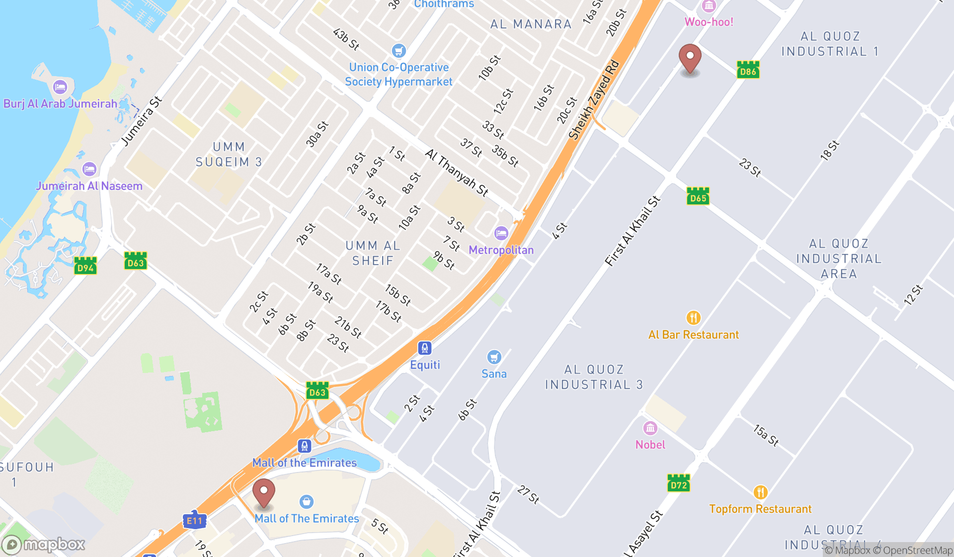 Map showing the ranked new american restaurants in Dubai, Dubai